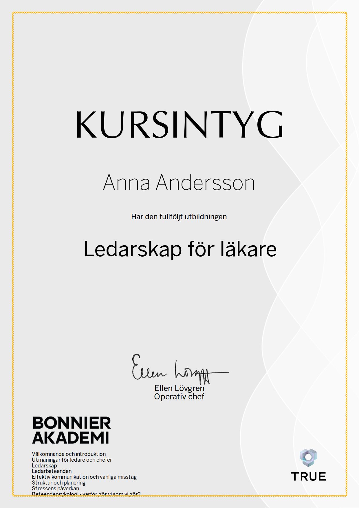 Exempel: diplom för Ledarskap för läkare från Bonnier Akademi