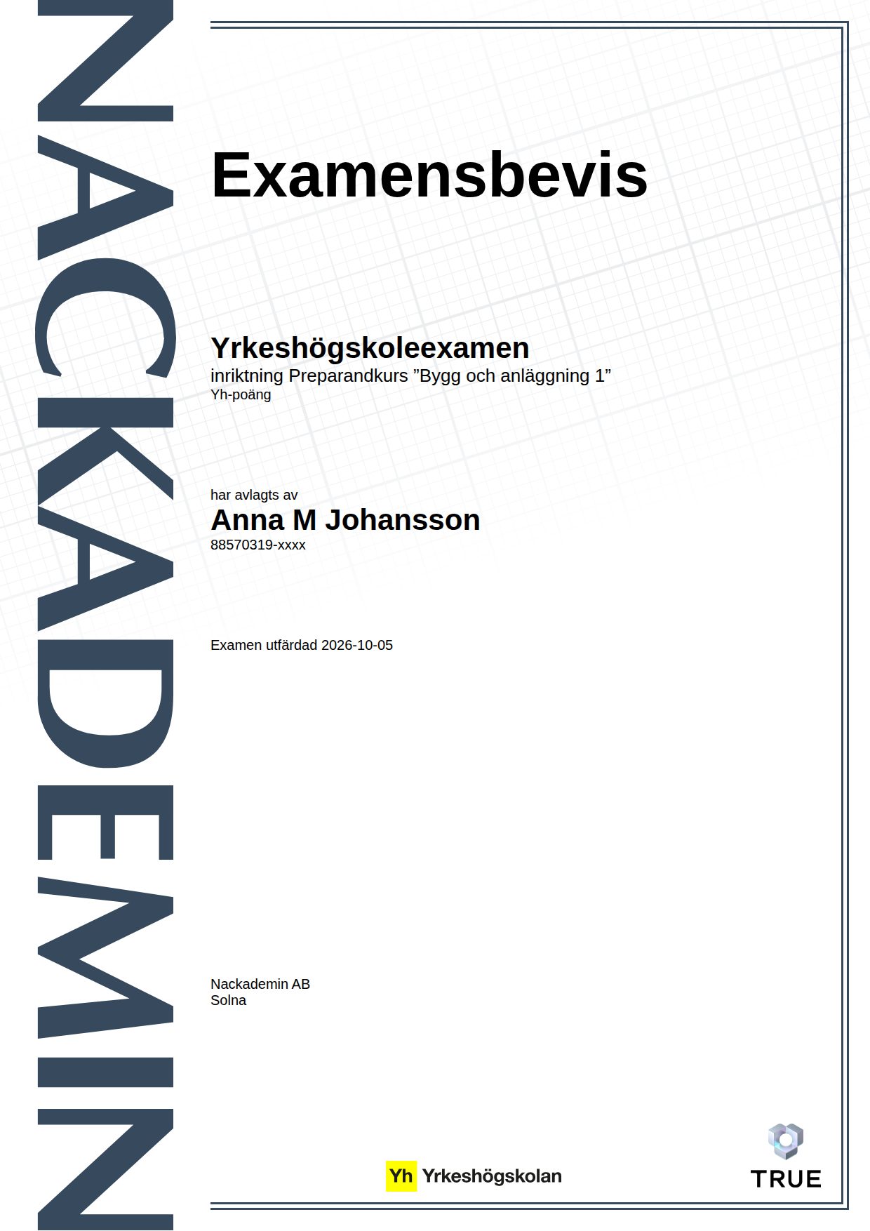 Example certificate for Preparatory course ”Building and Construction 1” from Nackademin