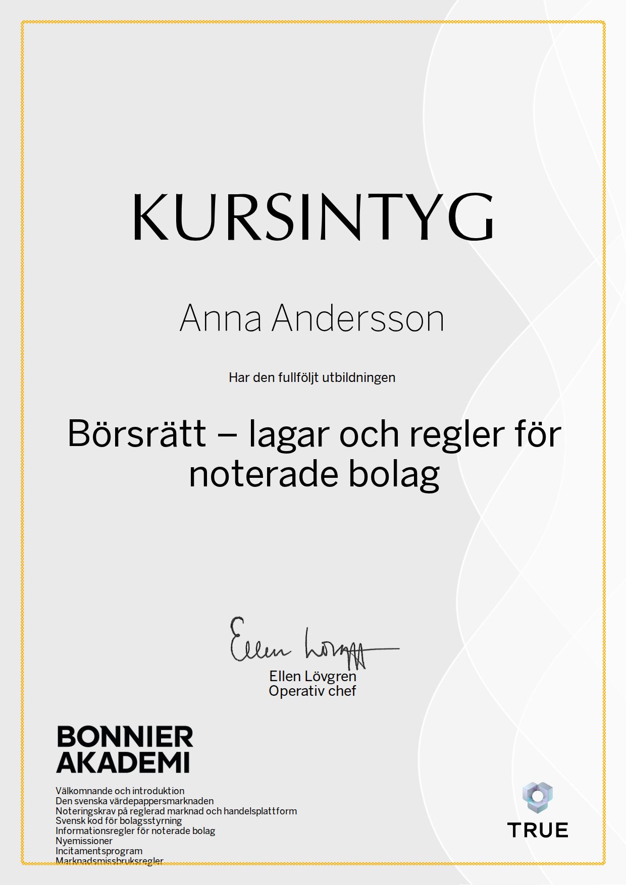 Exempel: diplom för Börsrätt – lagar och regler för noterade bolag från Bonnier Akademi