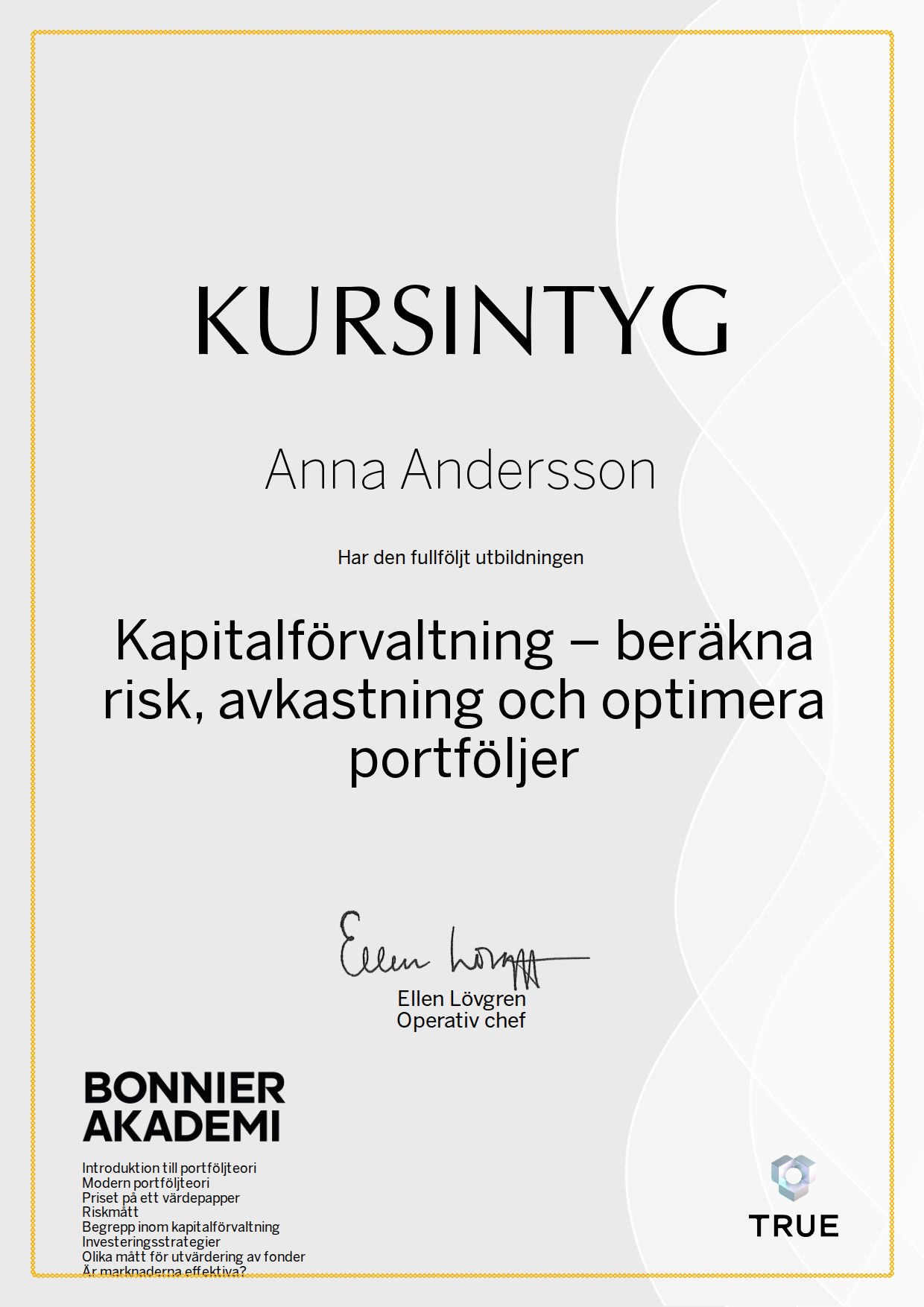 Example certificate for Asset management: calculate risk and return and optimise portfolios from Bonnier Akademi