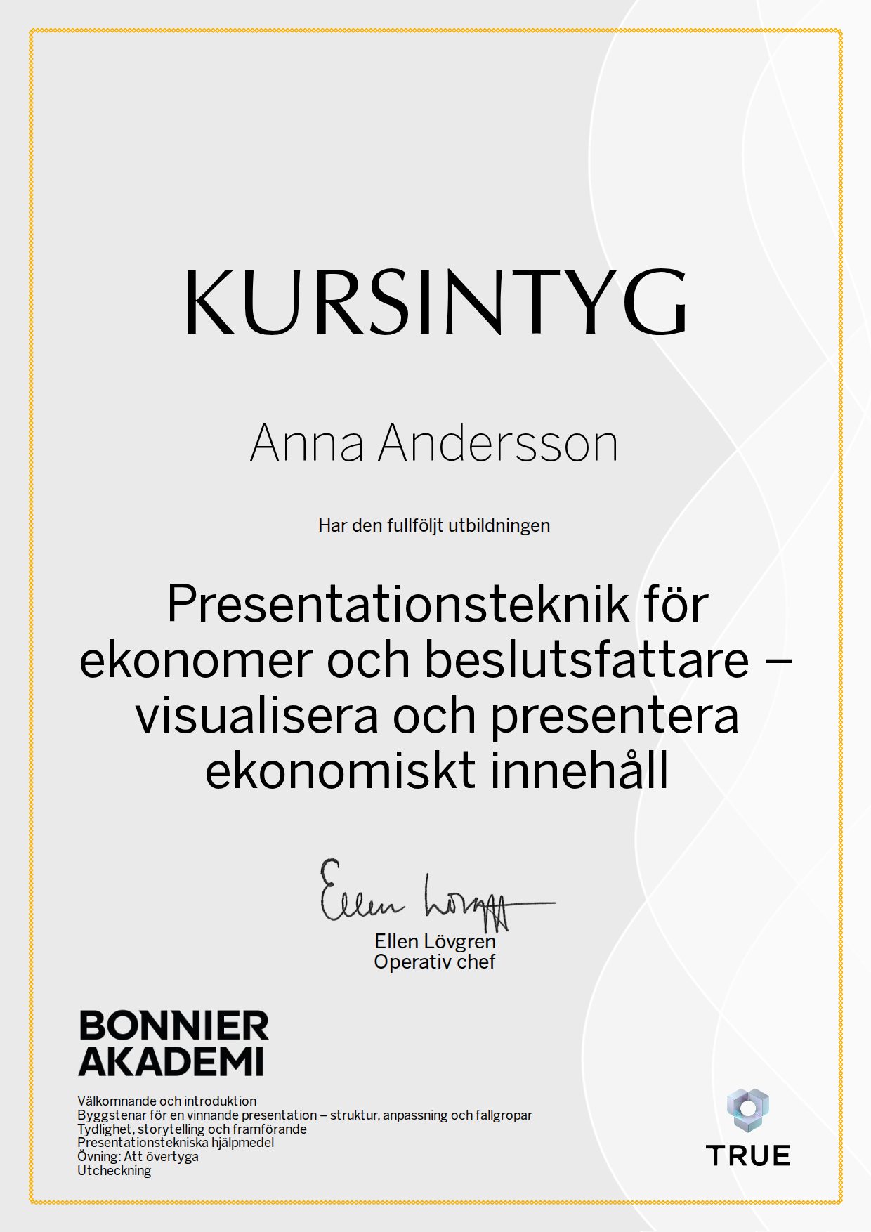 Example certificate for Presentation skills for finance professionals and decision-makers: visualise and present financial content from Bonnier Akademi