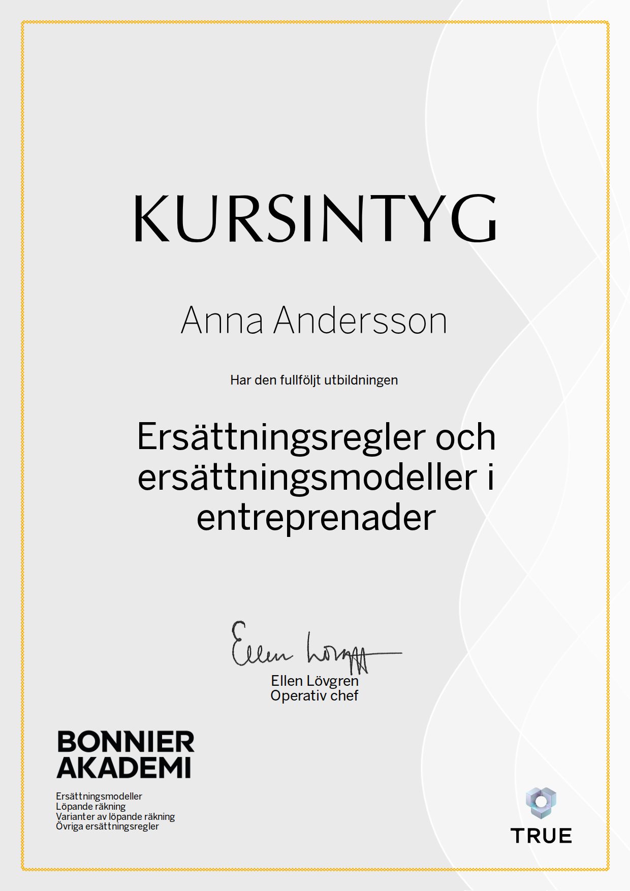 Example certificate for Compensation Rules and Compensation Models in Construction Contracts from Bonnier Akademi