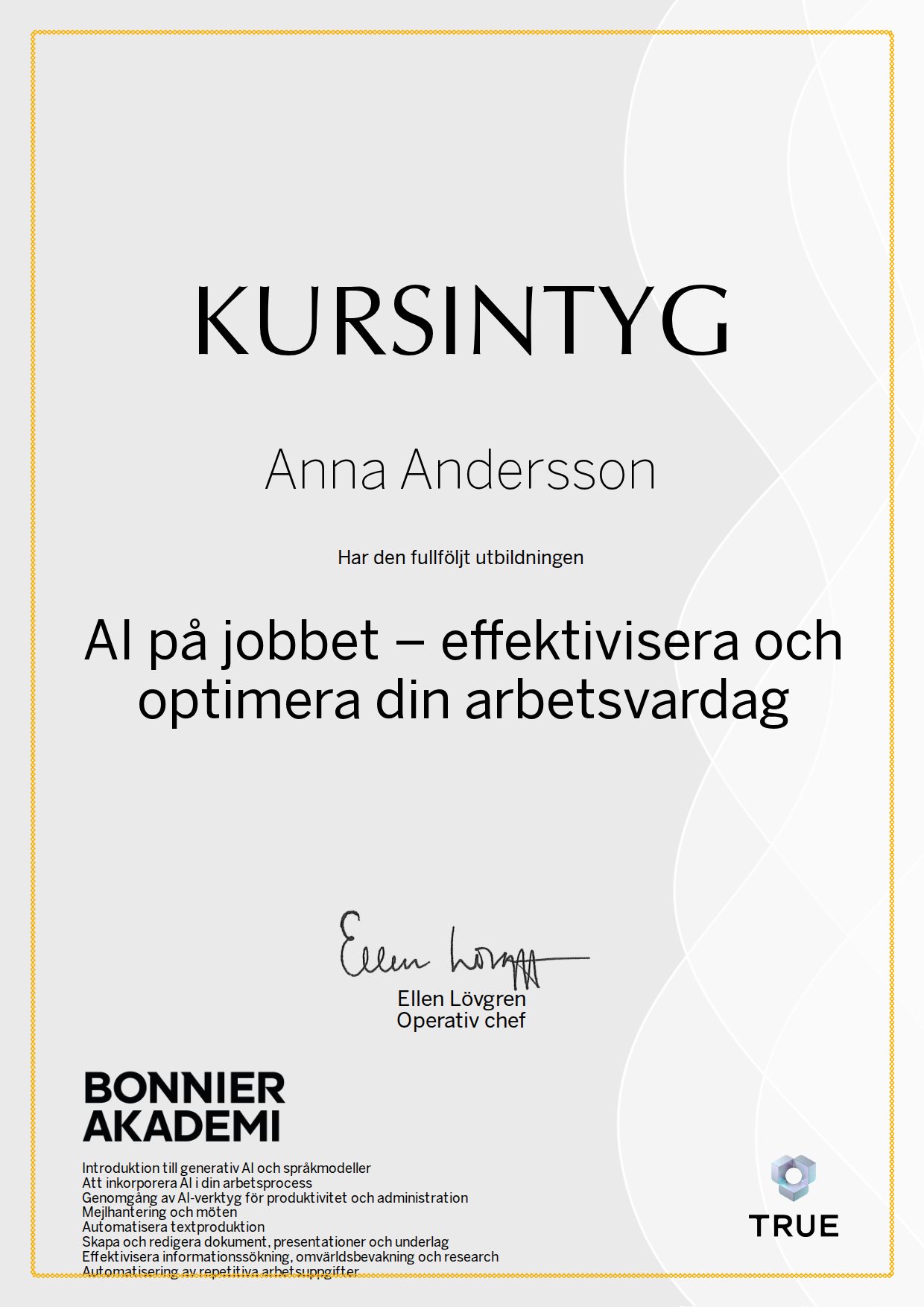Exempel: diplom för AI på jobbet – effektivisera och optimera din arbetsvardag från Bonnier Akademi