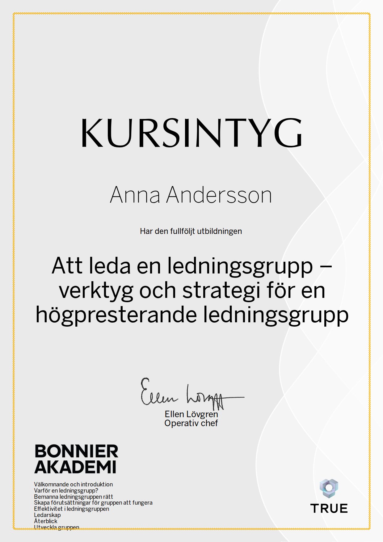 Example certificate for Leading a Management Team: Tools and Strategy for a High-Performing Management Team from Bonnier Akademi
