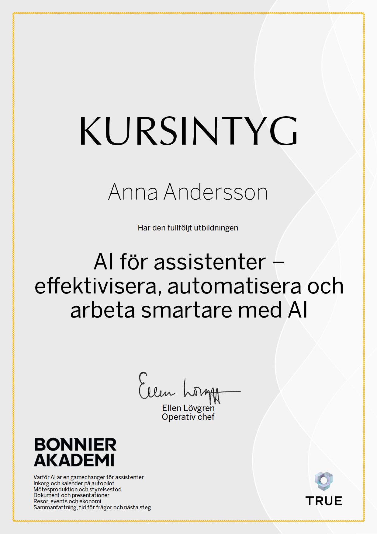 Exempel: diplom för AI för assistenter – effektivisera, automatisera och arbeta smartare med AI från Bonnier Akademi