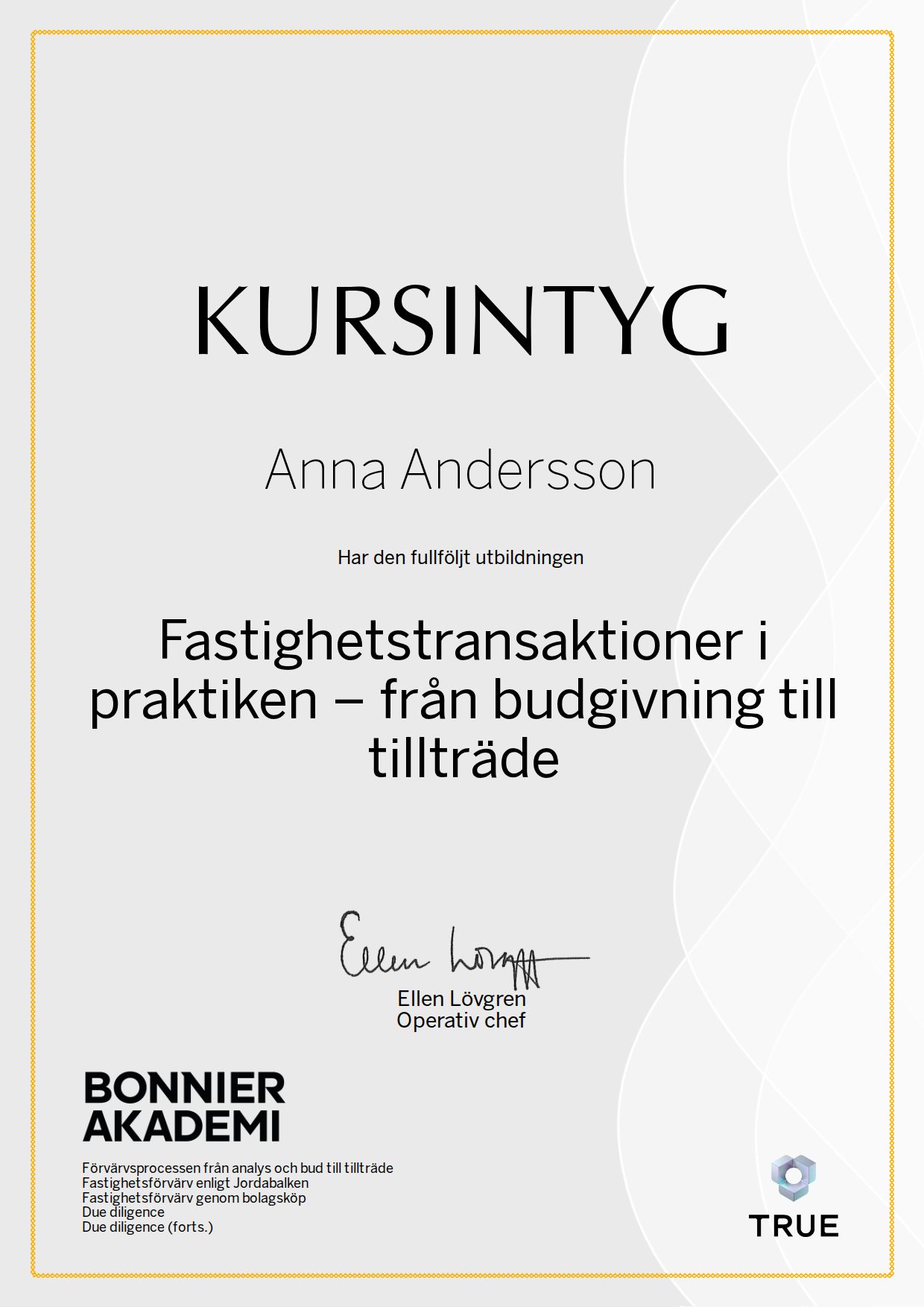 Exempel: diplom för Fastighetstransaktioner i praktiken – från budgivning till tillträde från Bonnier Akademi