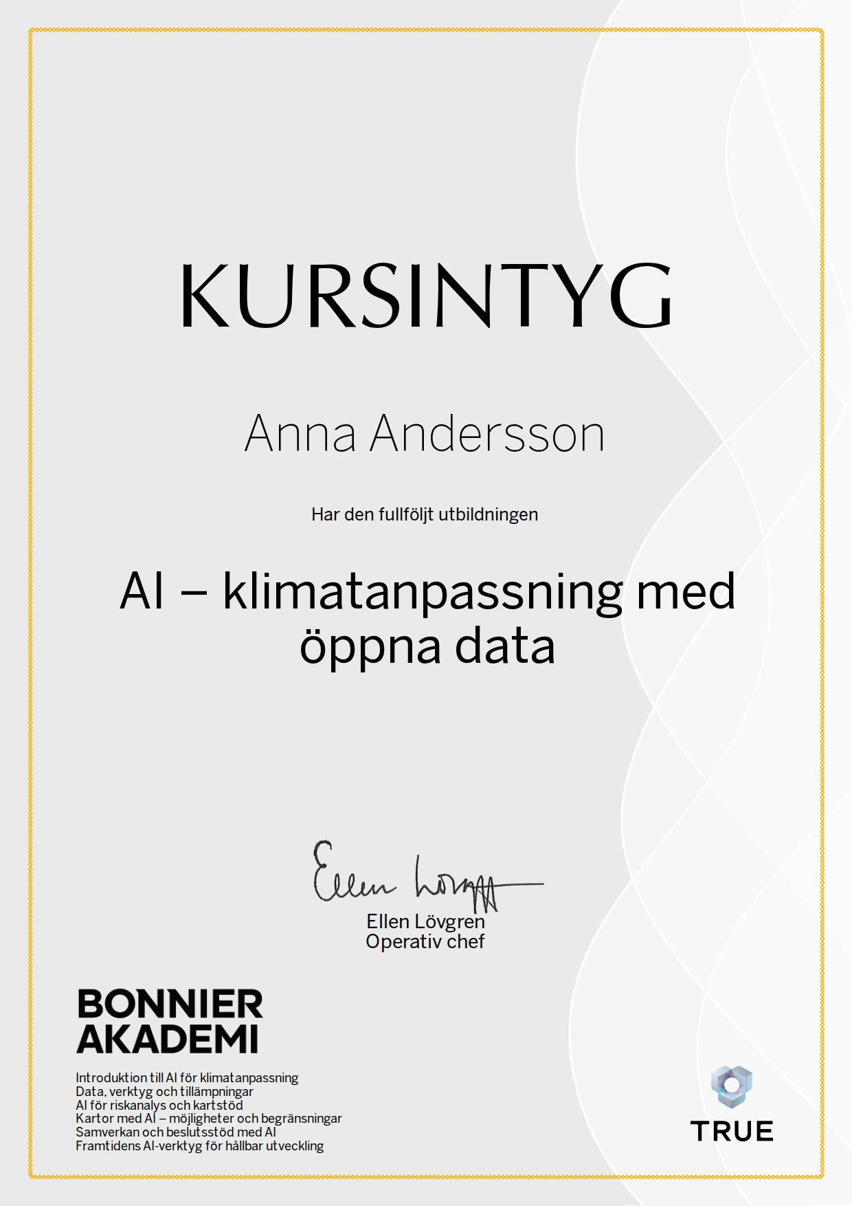 Exempel: diplom för AI – klimatanpassning med öppna data från Bonnier Akademi