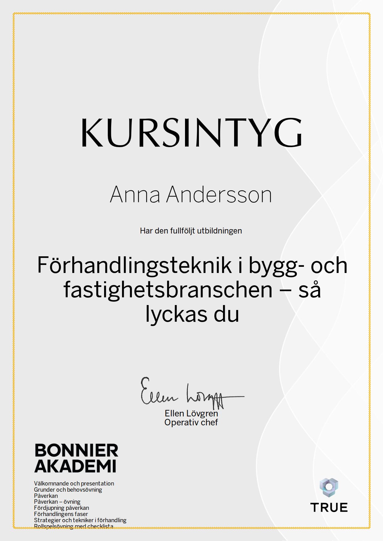 Exempel: diplom för Förhandlingsteknik i bygg- och fastighetsbranschen – så lyckas du från Bonnier Akademi
