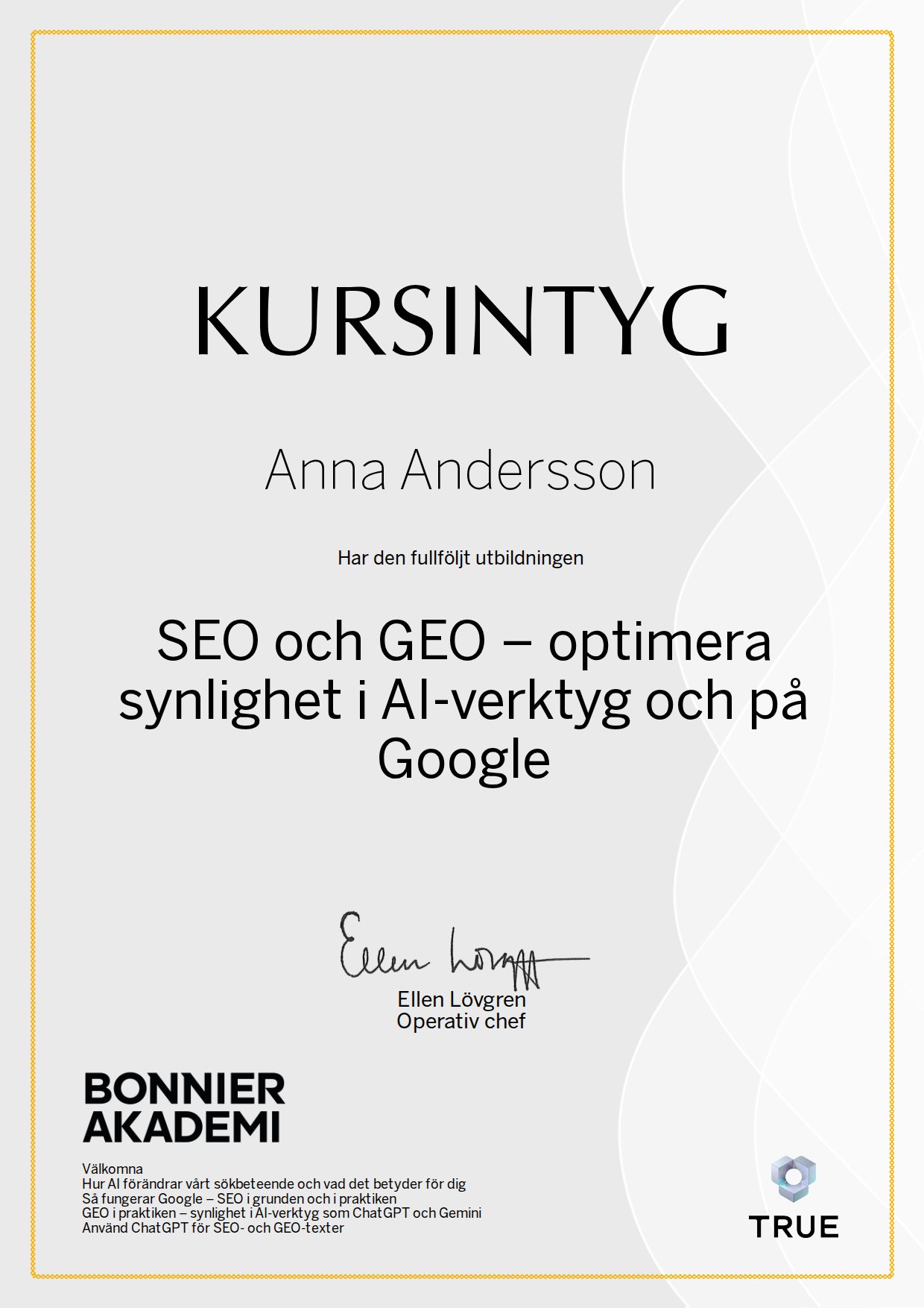 Exempel: diplom för SEO och GEO – optimera synlighet i AI-verktyg och på Google från Bonnier Akademi