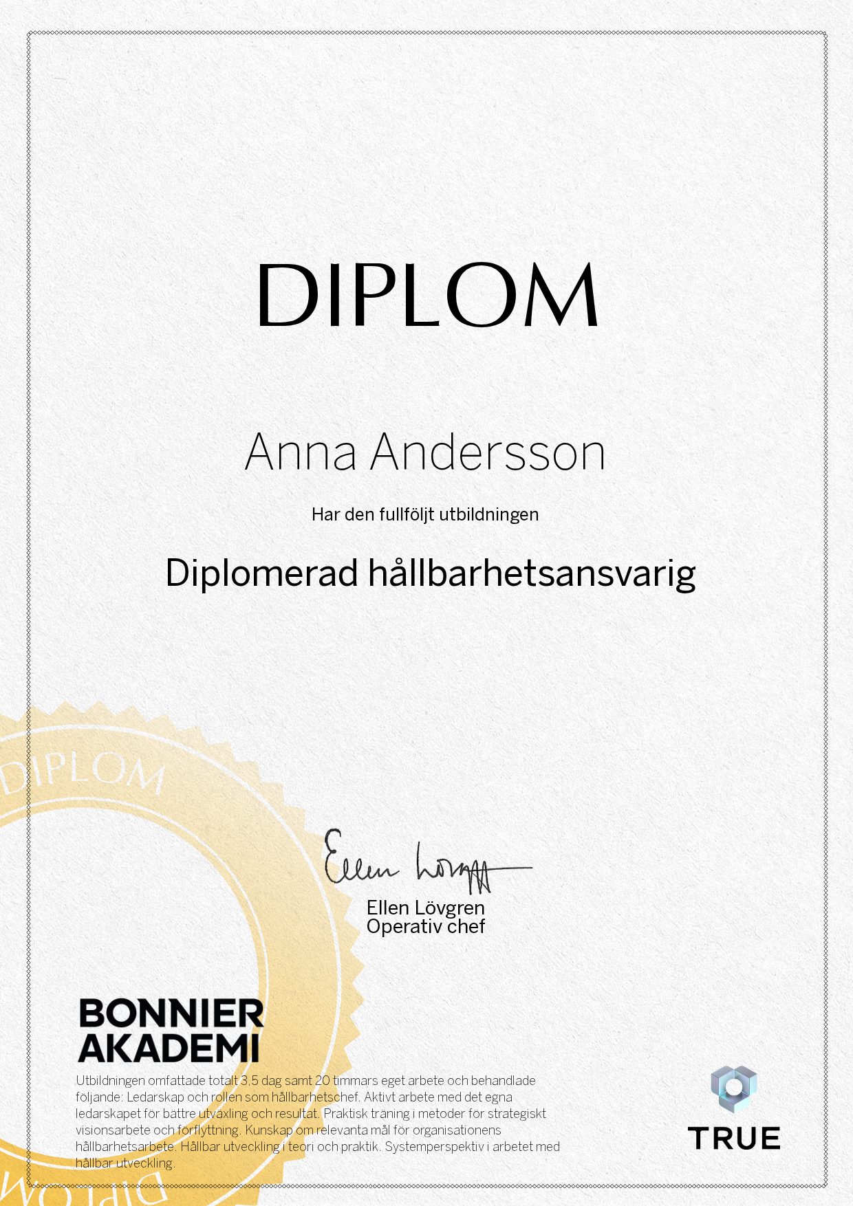 Exempel: diplom för Diplomerad hållbarhetsansvarig från Bonnier Akademi
