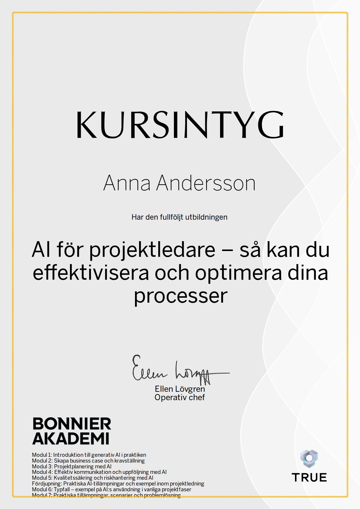 Exempel: diplom för AI för projektledare – så kan du effektivisera och optimera dina processer från Bonnier Akademi