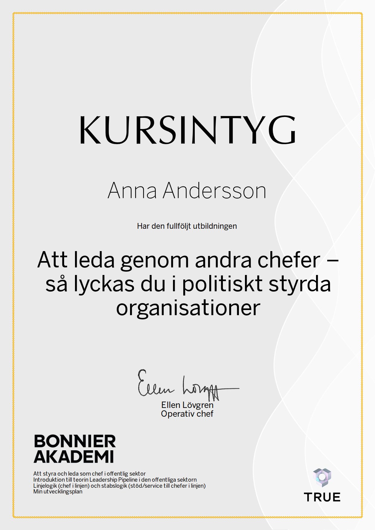 Exempel: diplom för Att leda genom andra chefer – så lyckas du i politiskt styrda organisationer från Bonnier Akademi