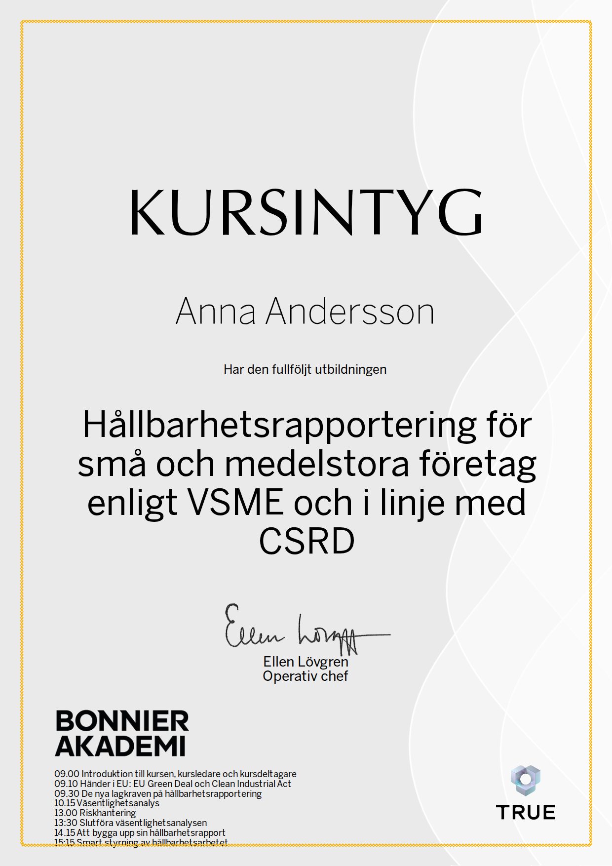 Exempel: diplom för Hållbarhetsrapportering för små och medelstora företag enligt VSME och i linje med CSRD från Bonnier Akademi