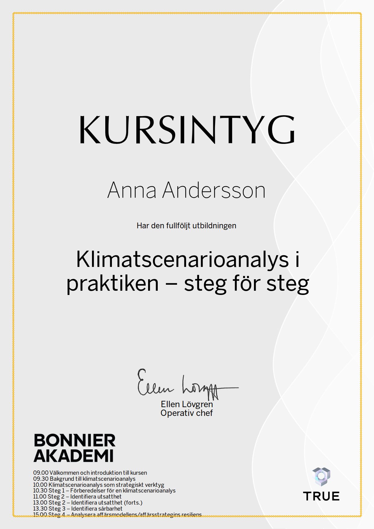 Exempel: diplom för Klimatscenarioanalys i praktiken – steg för steg från Bonnier Akademi