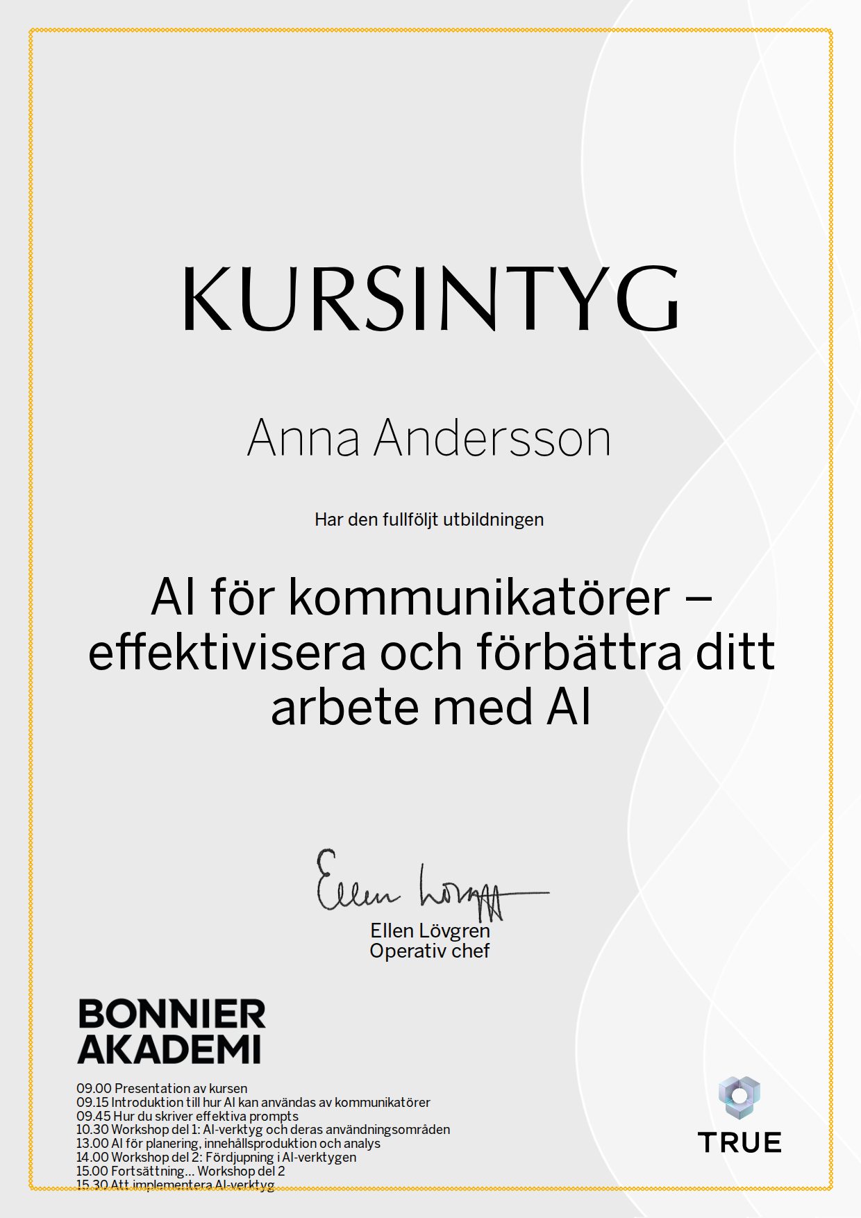Exempel: diplom för AI för kommunikatörer – effektivisera och förbättra ditt arbete med AI från Bonnier Akademi
