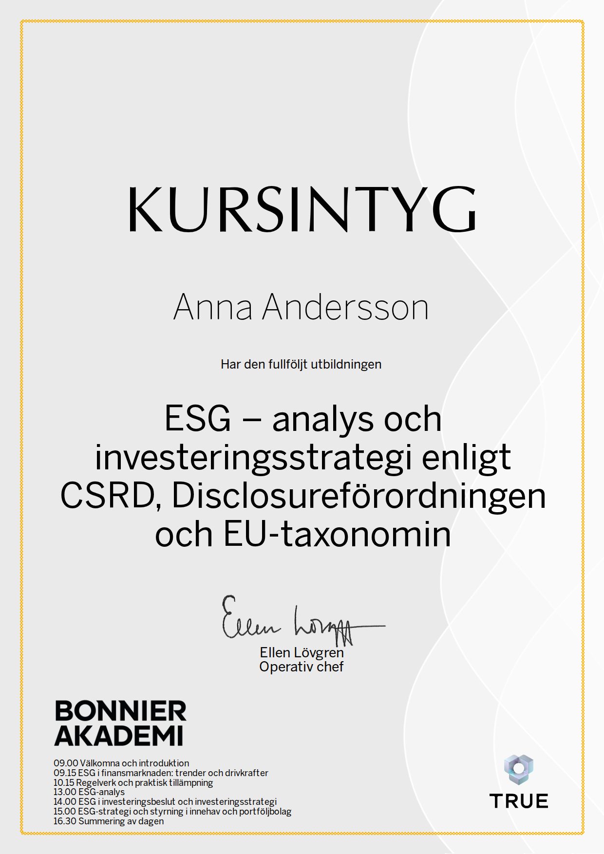 Example certificate for ESG: Analysis and Investment Strategy Under CSRD, the Disclosure Regulation and the EU Taxonomy from Bonnier Akademi