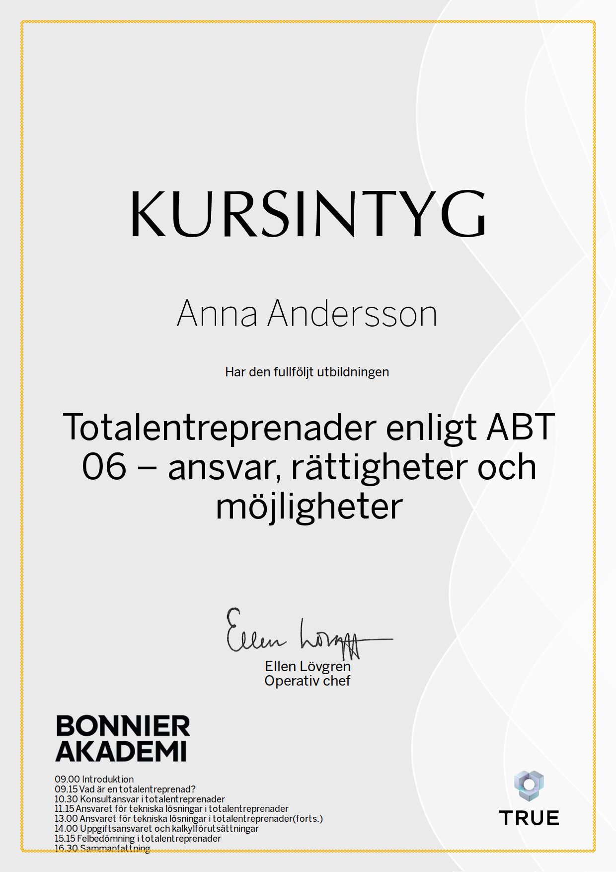 Exempel: diplom för Totalentreprenader enligt ABT 06 – ansvar, rättigheter och möjligheter från Bonnier Akademi