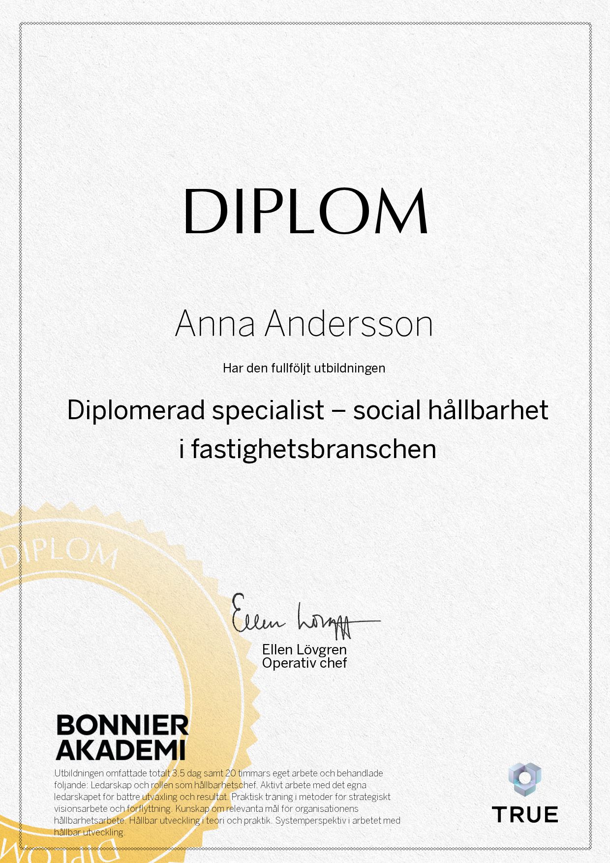 Exempel: diplom för Diplomerad specialist – social hållbarhet i fastighetsbranschen från Bonnier Akademi