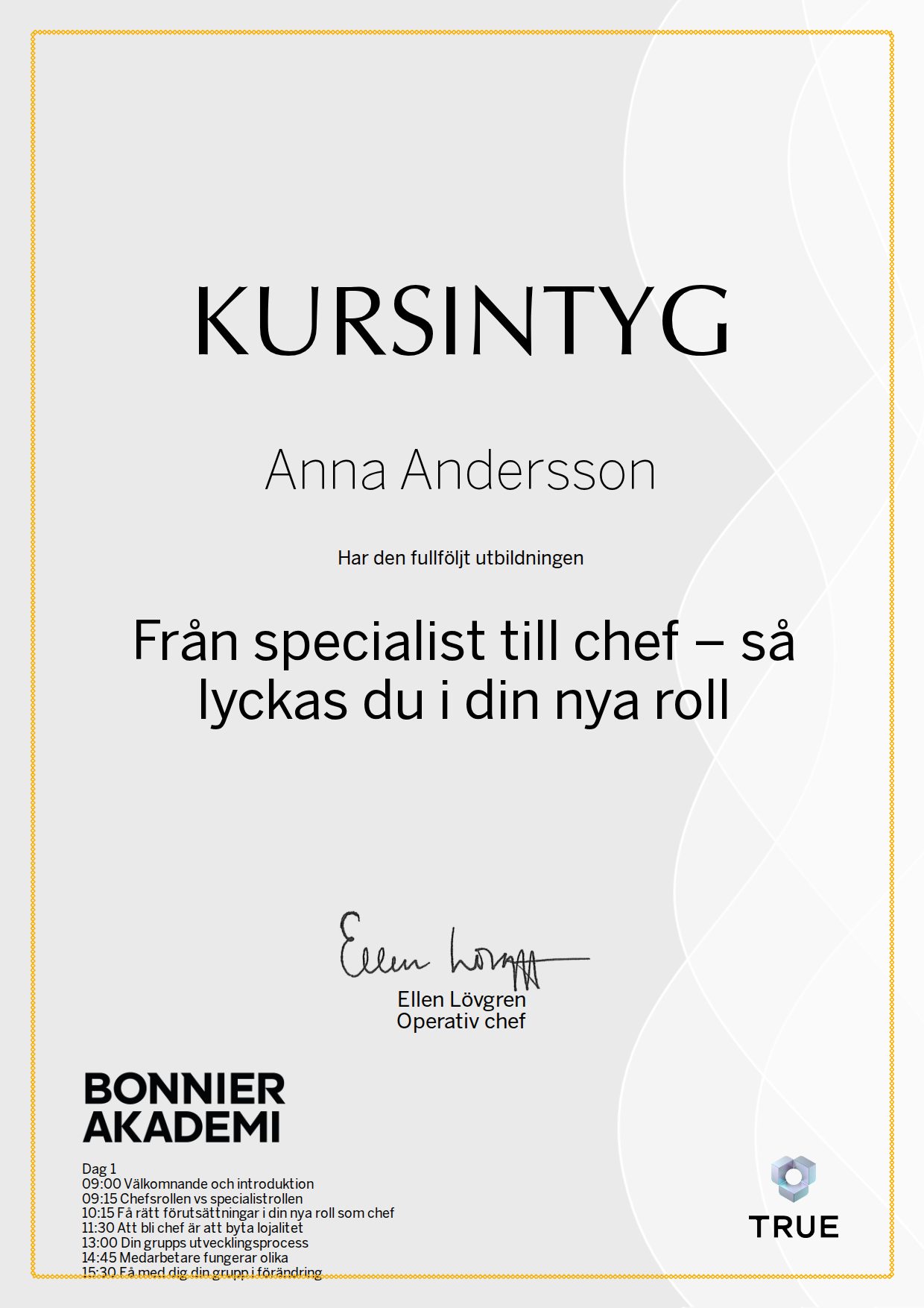 Example certificate for From specialist to manager: how to succeed in your new role from Bonnier Akademi