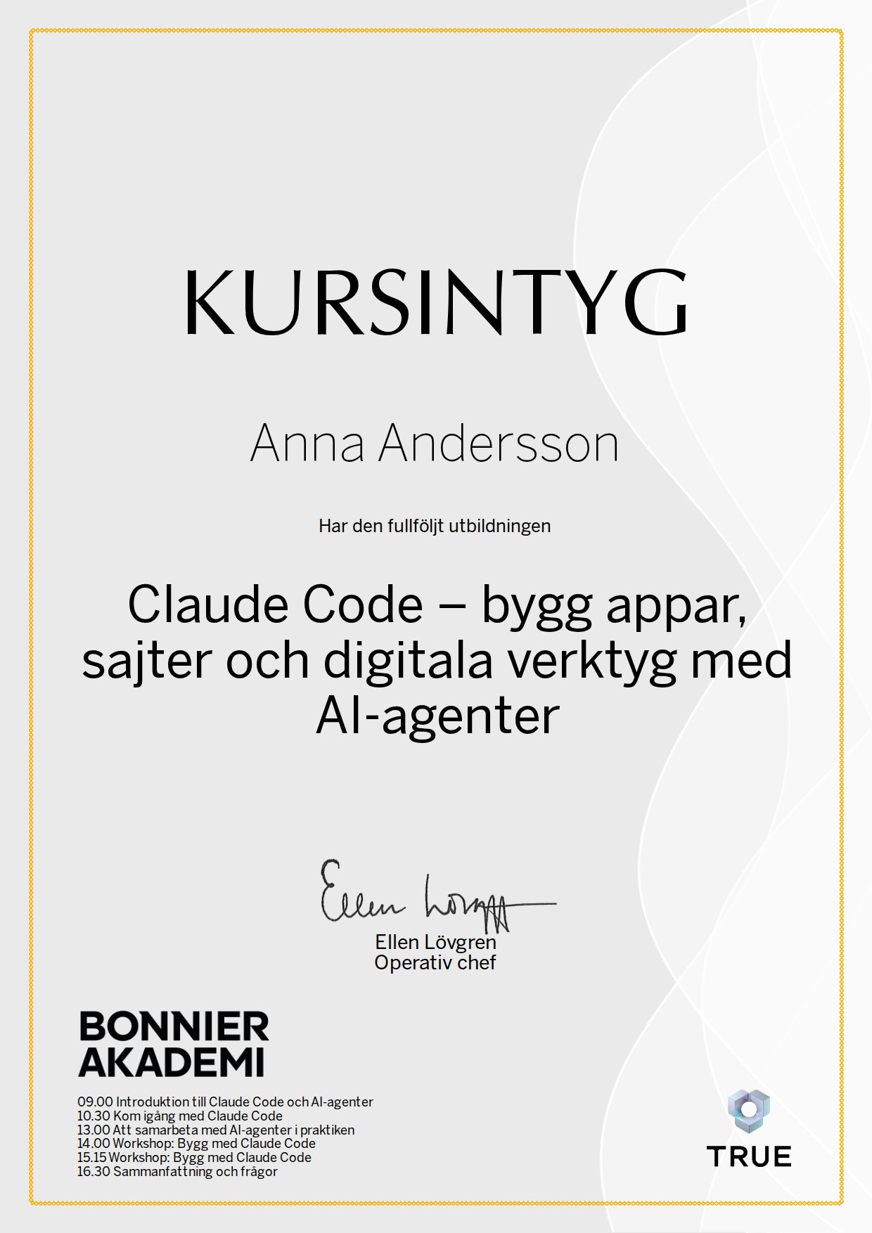 Exempel: diplom för Claude Code – bygg appar, sajter och digitala verktyg med AI-agenter från Bonnier Akademi