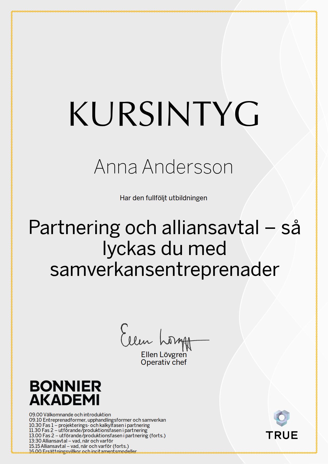 Exempel: diplom för Partnering och alliansavtal – så lyckas du med samverkansentreprenader från Bonnier Akademi