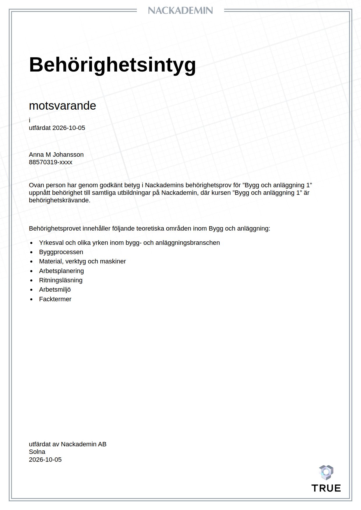 Example certificate for Qualifying Test "Building and Construction 1" from Nackademin