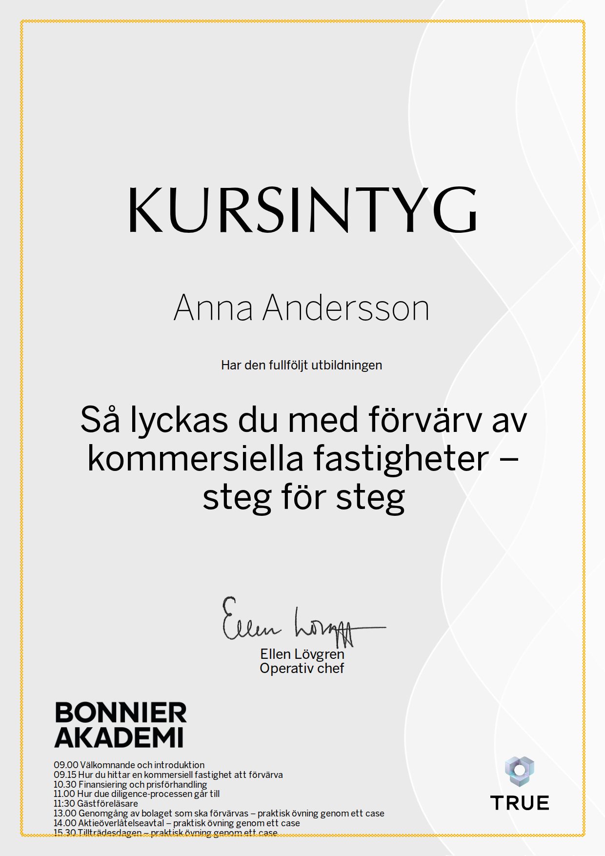 Exempel: diplom för Så lyckas du med förvärv av kommersiella fastigheter – steg för steg från Bonnier Akademi