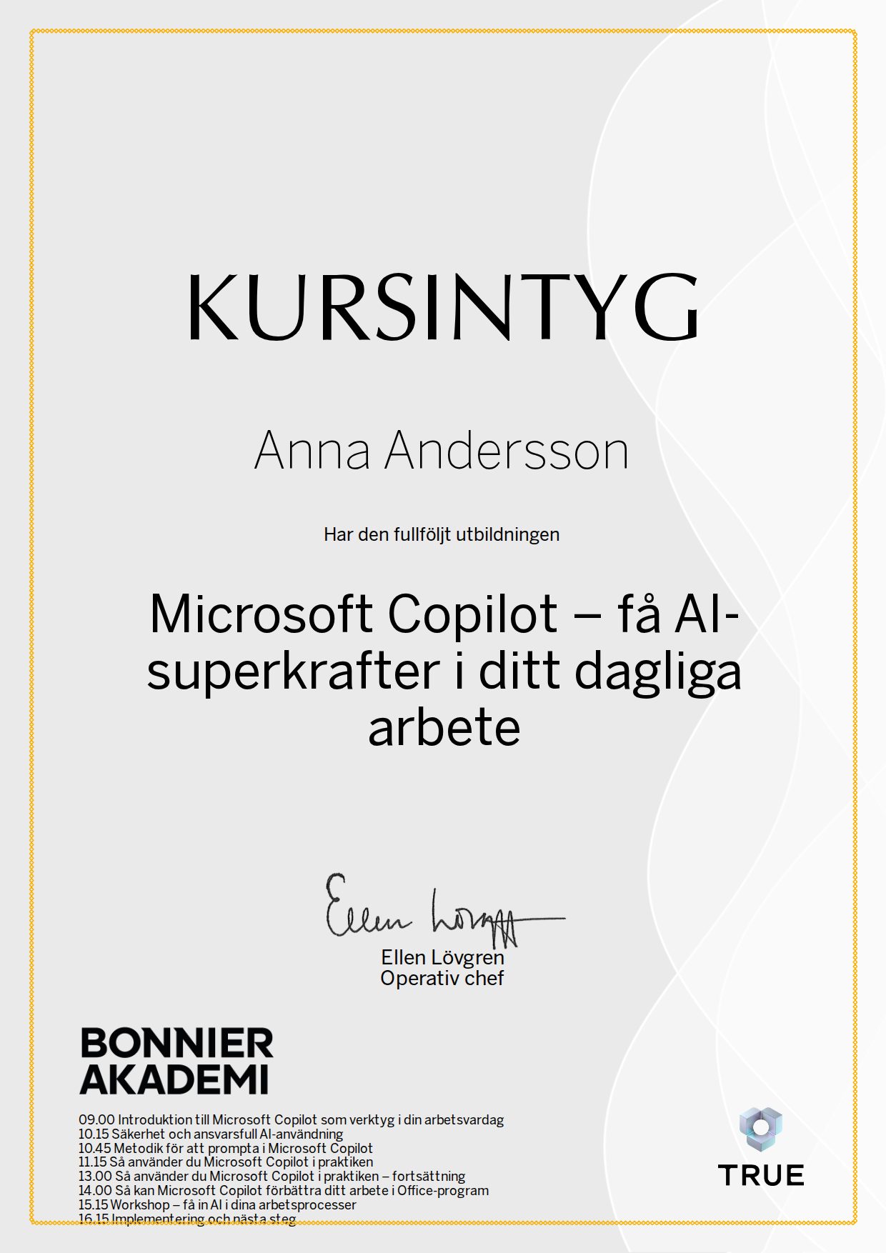 Exempel: diplom för Microsoft Copilot – få AI-superkrafter i ditt dagliga arbete från Bonnier Akademi