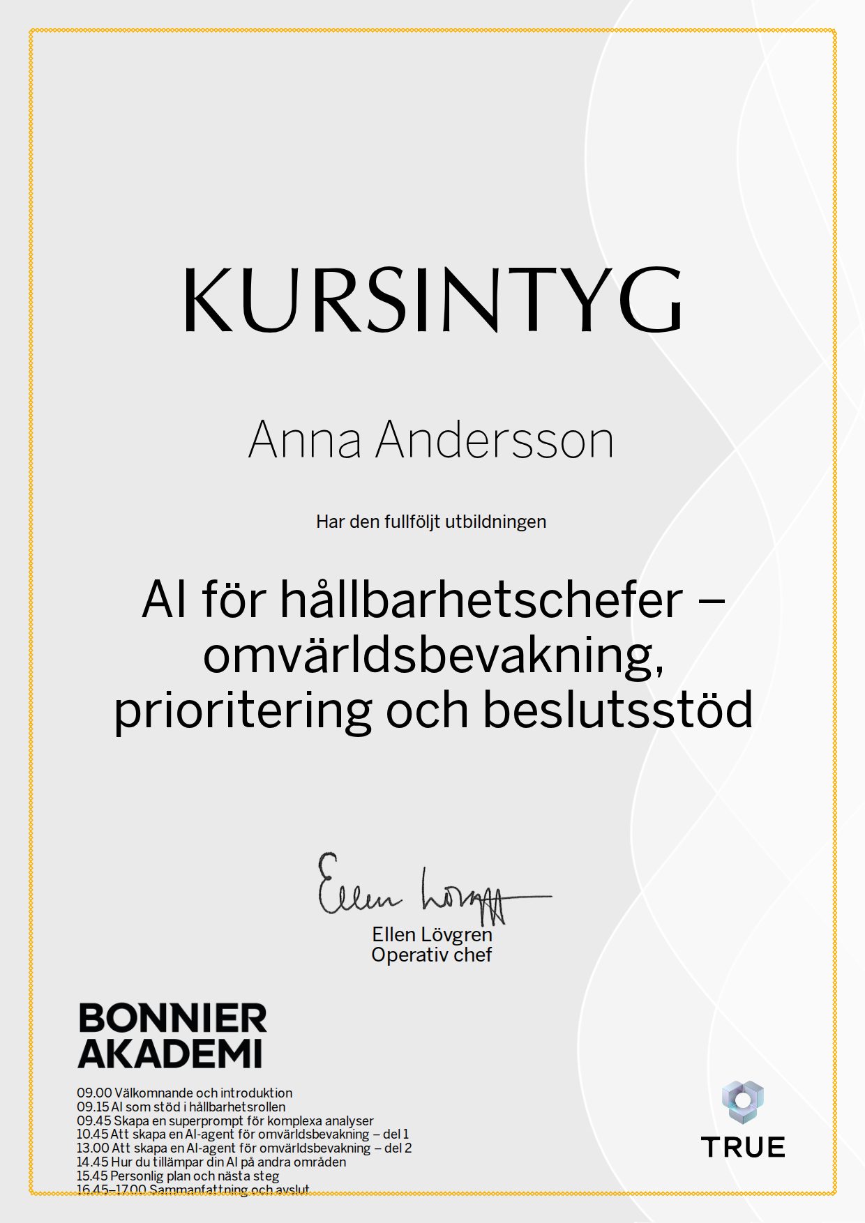 Exempel: diplom för AI för hållbarhetschefer – omvärldsbevakning, prioritering och beslutsstöd från Bonnier Akademi