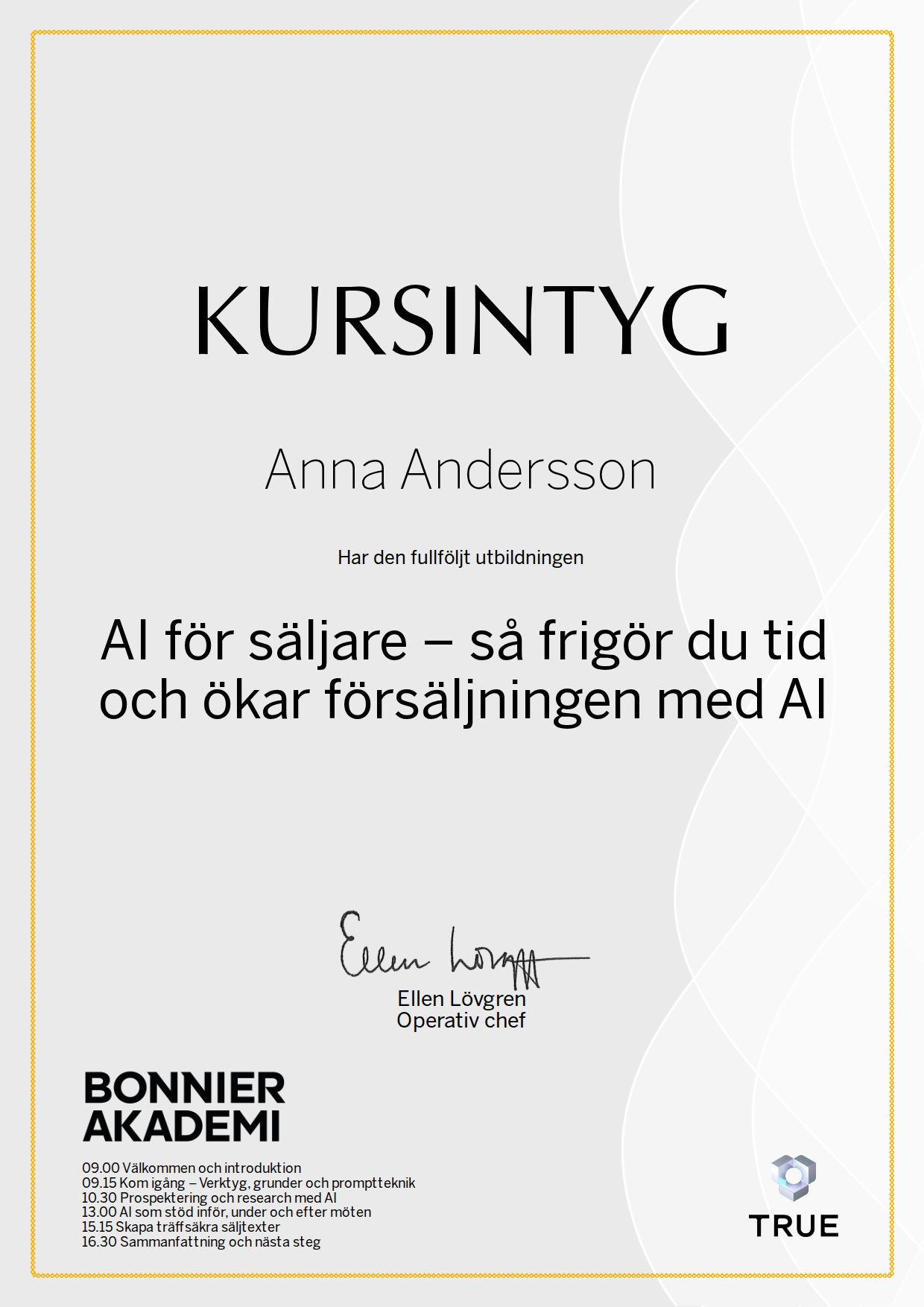 Exempel: diplom för AI för säljare – så frigör du tid och ökar försäljningen med AI från Bonnier Akademi