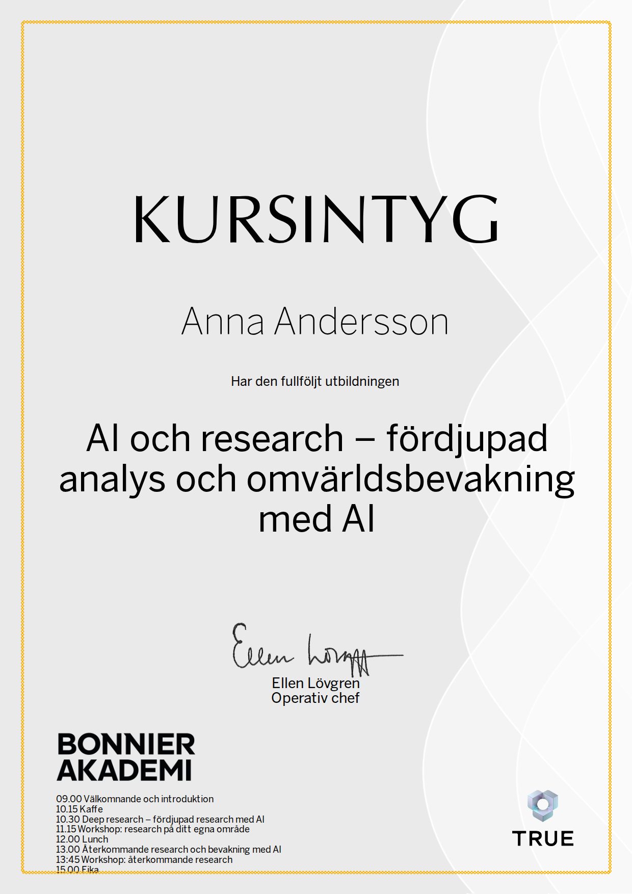 Exempel: diplom för AI och research – fördjupad analys och omvärldsbevakning med AI från Bonnier Akademi