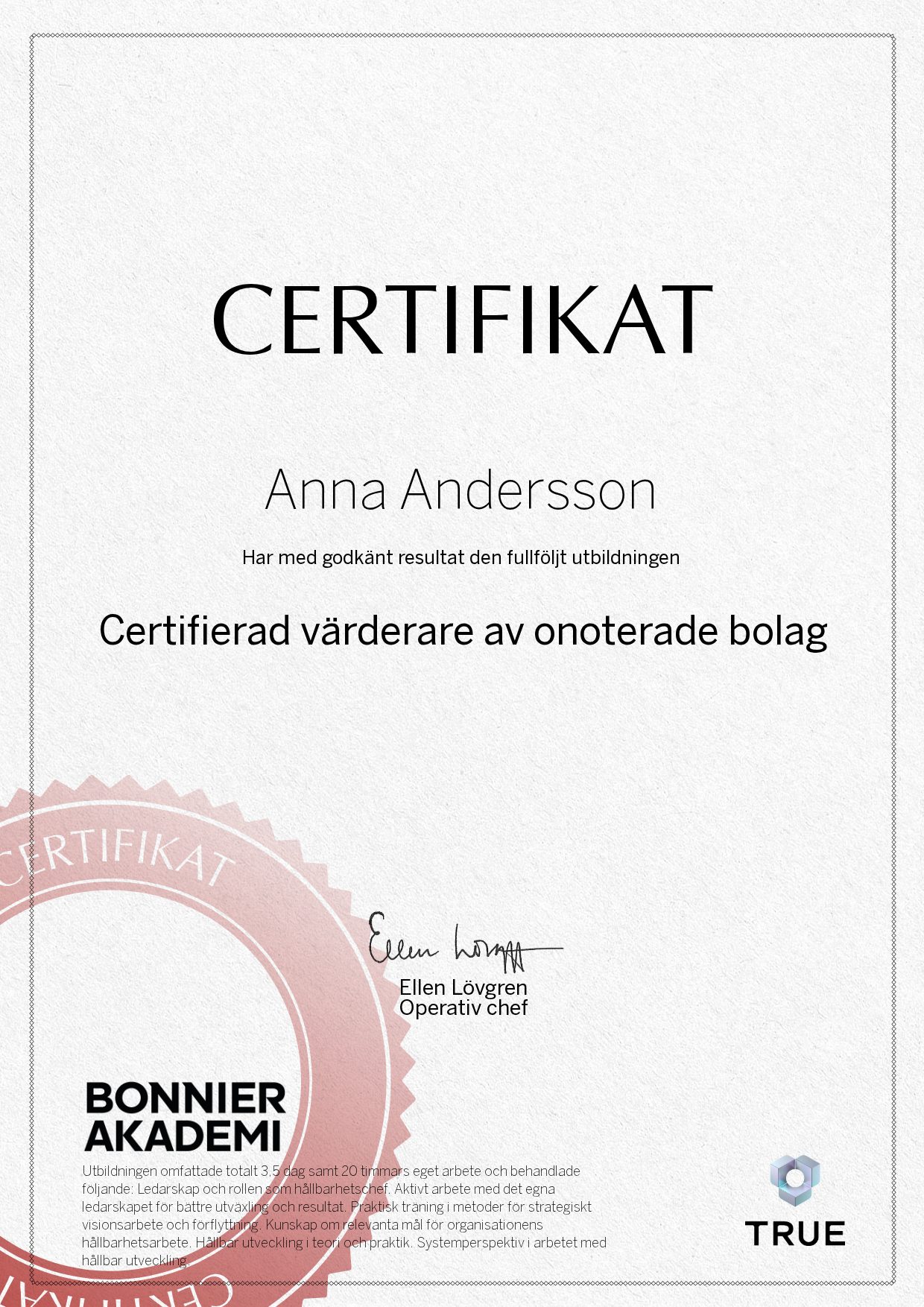 Example certificate for Certified Valuer of Unlisted Companies from Bonnier Akademi