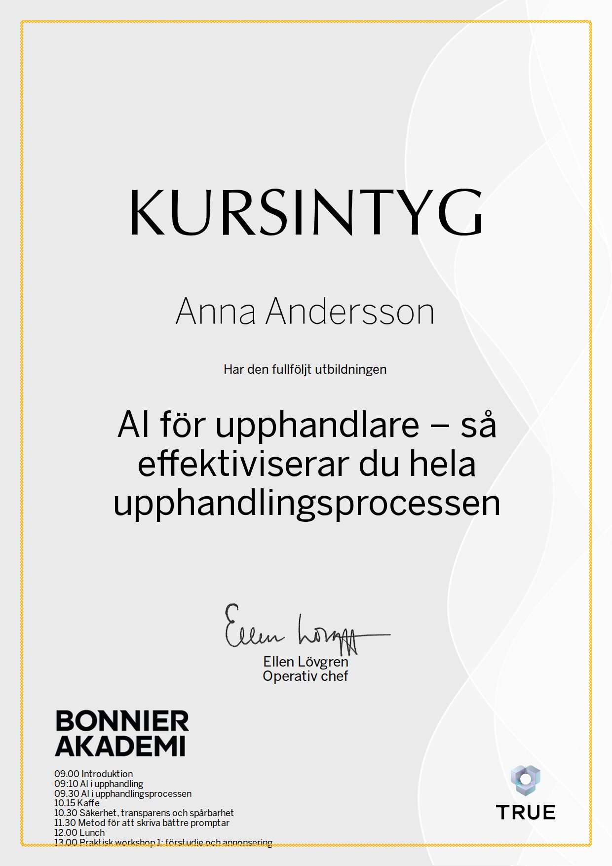 Exempel: diplom för AI för upphandlare – så effektiviserar du hela upphandlingsprocessen från Bonnier Akademi