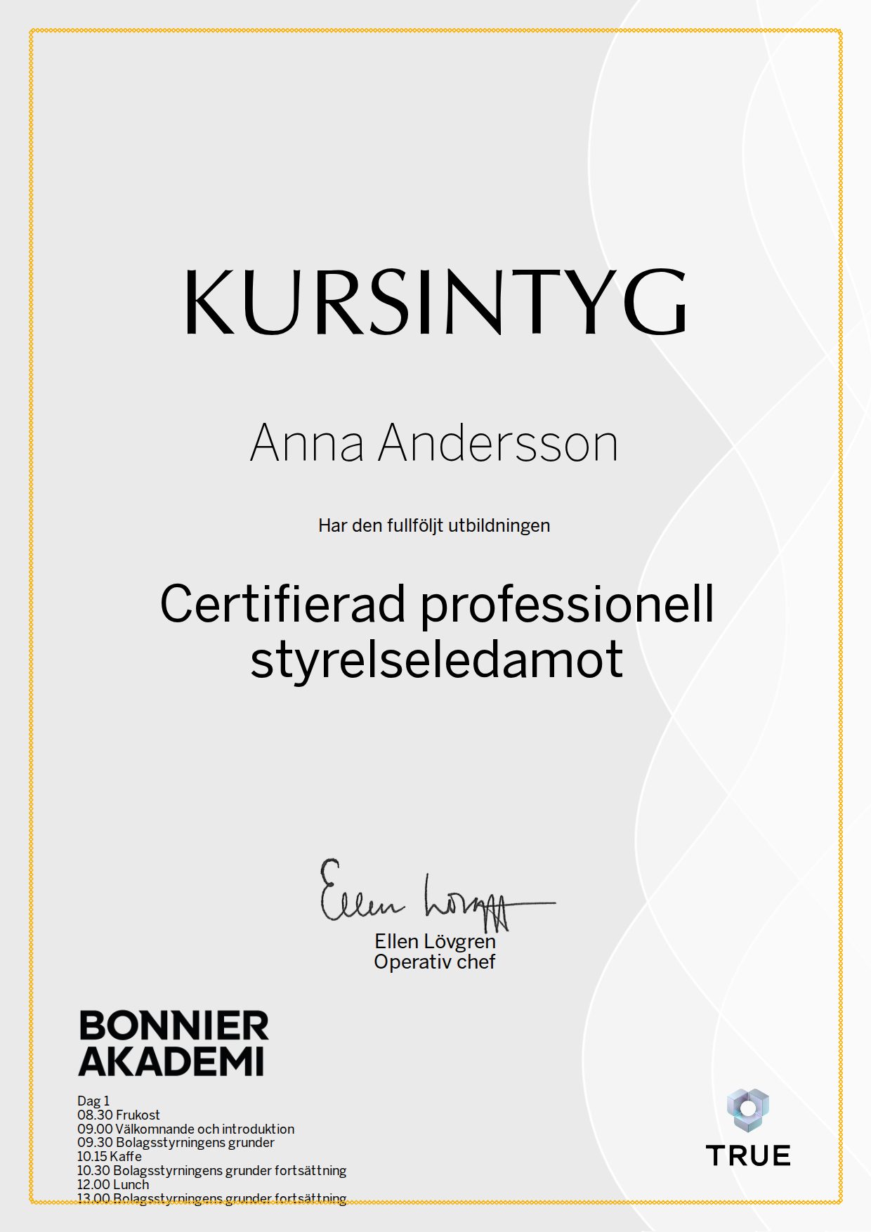Example certificate for Certified Professional Board Member from Bonnier Akademi