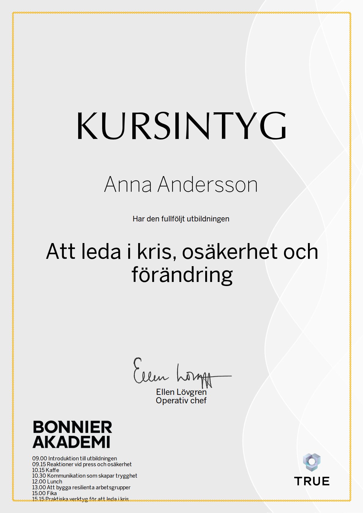 Example certificate for Leading in Crisis, Uncertainty and Change from Bonnier Akademi