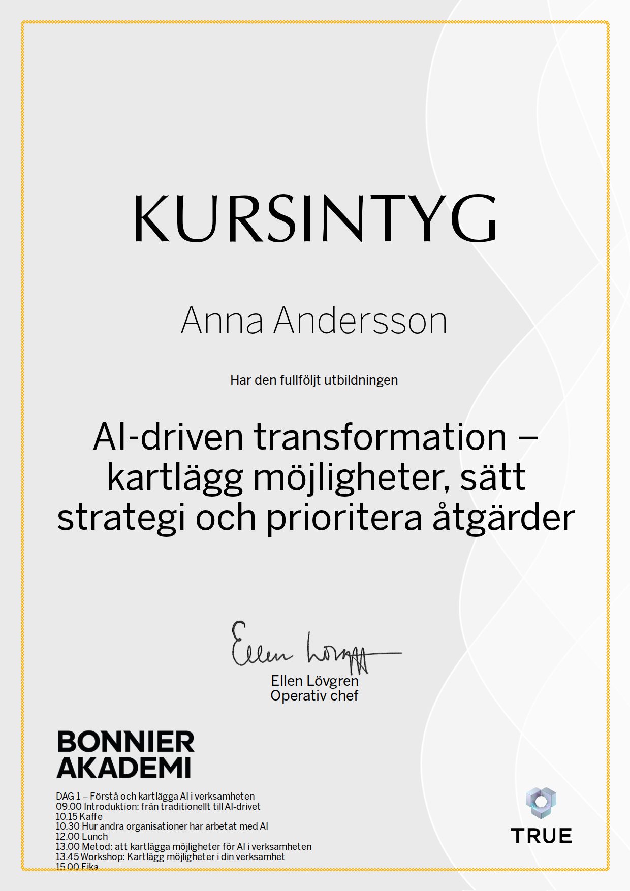 Exempel: diplom för AI-driven transformation – kartlägg möjligheter, sätt strategi och prioritera åtgärder från Bonnier Akademi