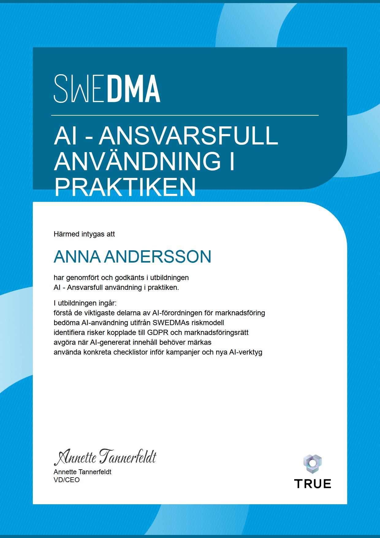 Example certificate for AI - Responsible Use in Practice from SWEDMA