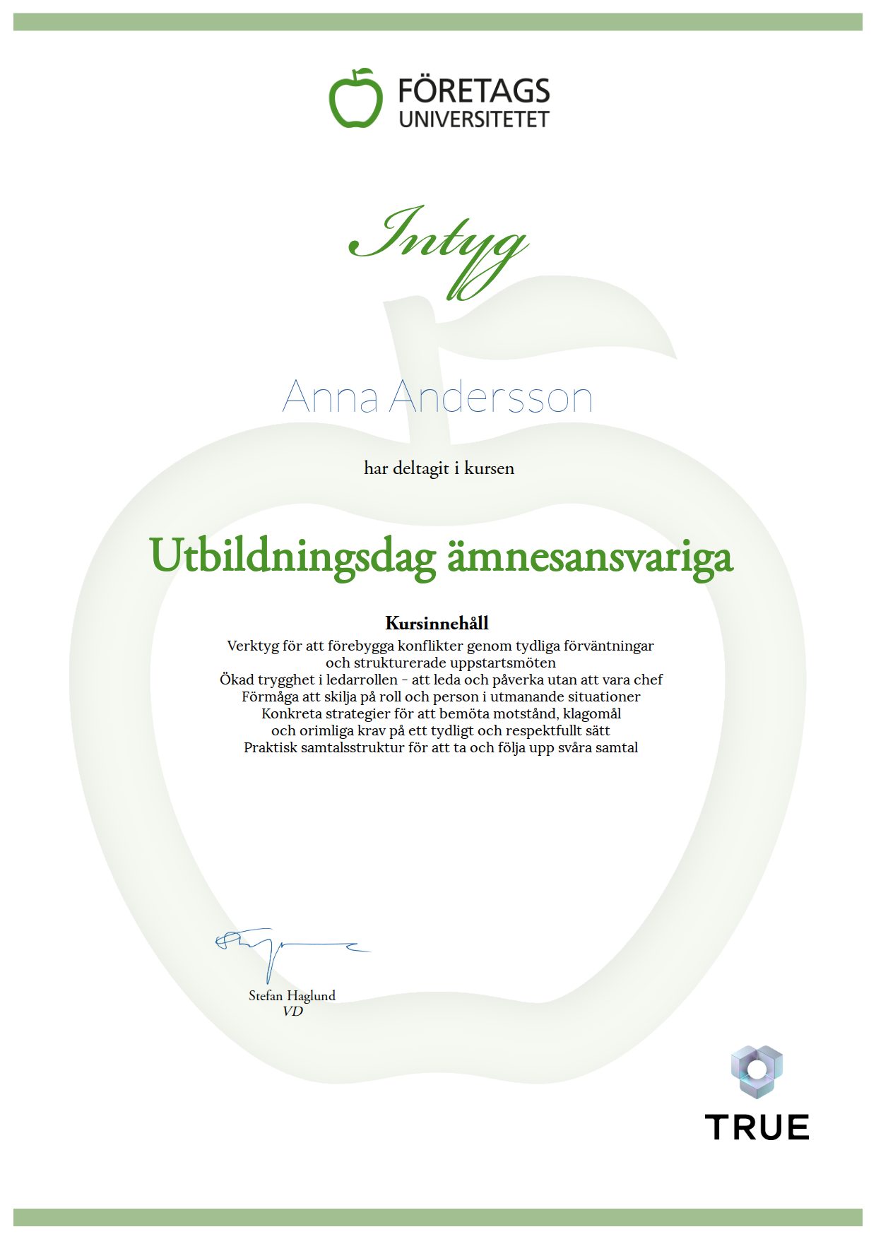 Exempel: diplom för Utbildningsdag ämnesansvariga från Företagsuniversitetet