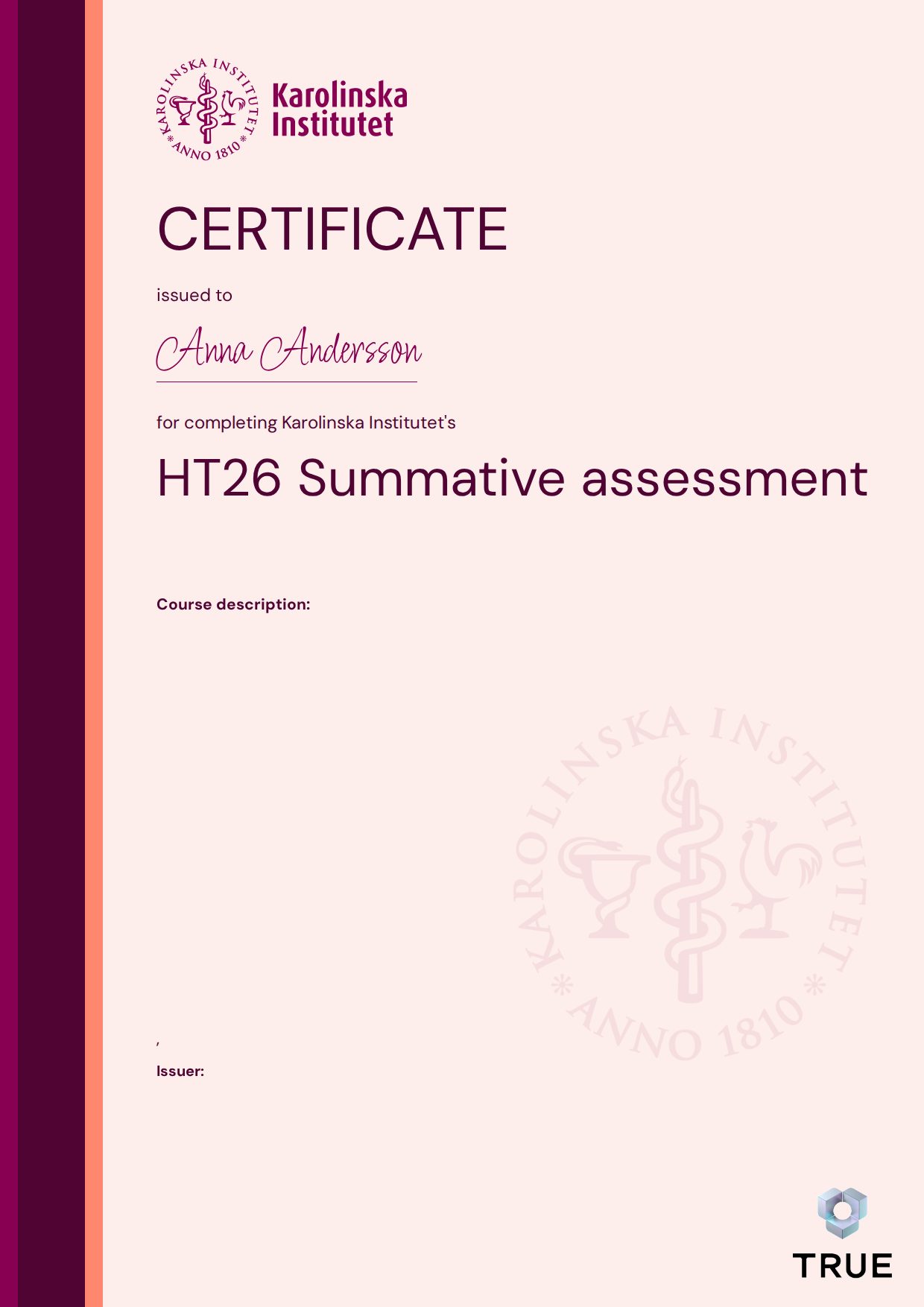 Example certificate for HT26 Summative assessment from KI - Karolinska Institutet
