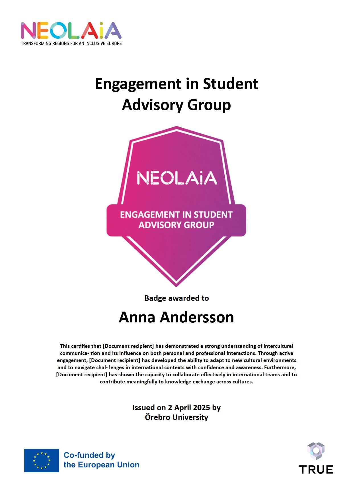 Example certificate for Engagement in Student Advisory Group from Örebro universitet