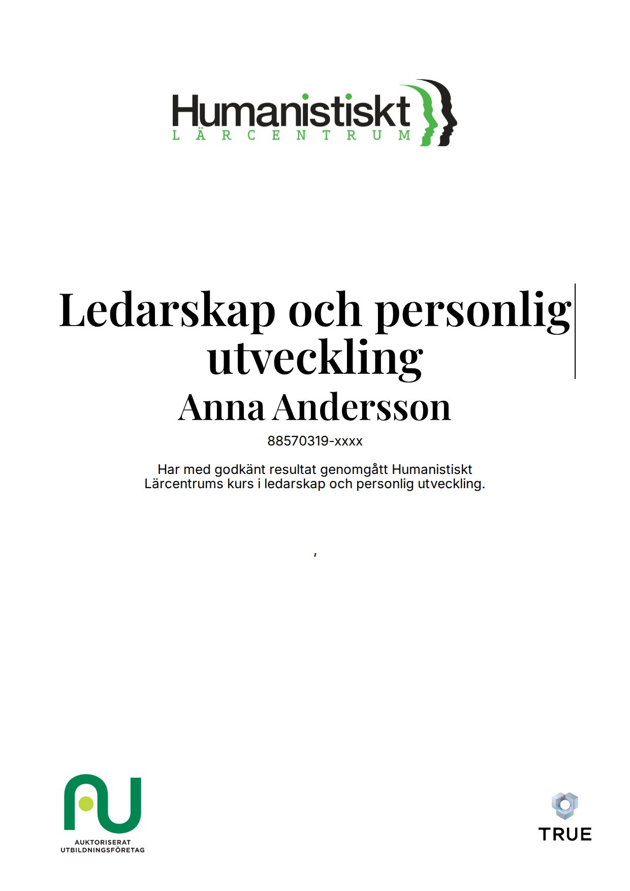 Exempel: diplom för Sorg och krisrådgivning från Humanistiskt Lärocentrum -Humanistcentrum