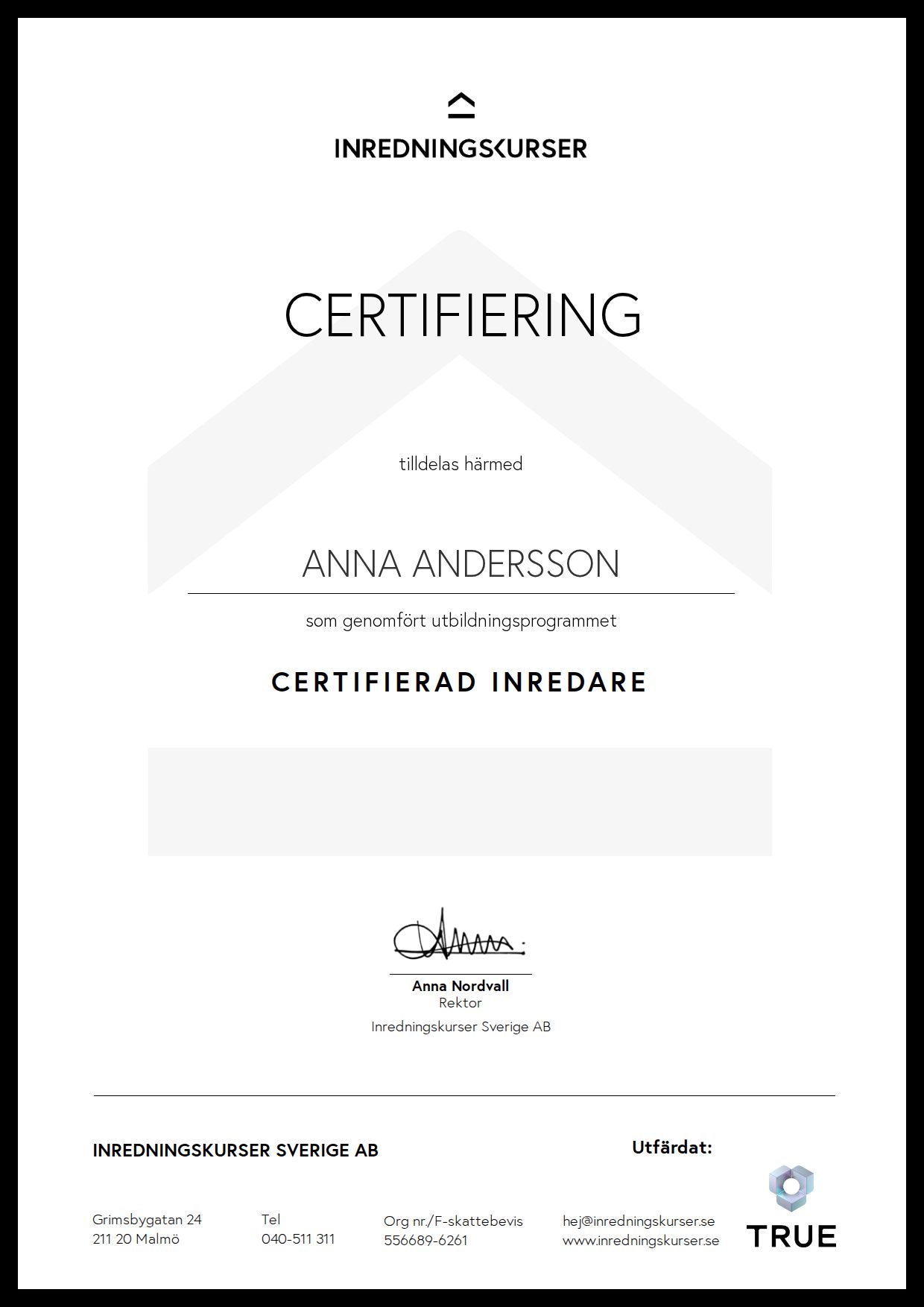 Example certificate for Certifierad Inredare from Inredningskurser Sverige