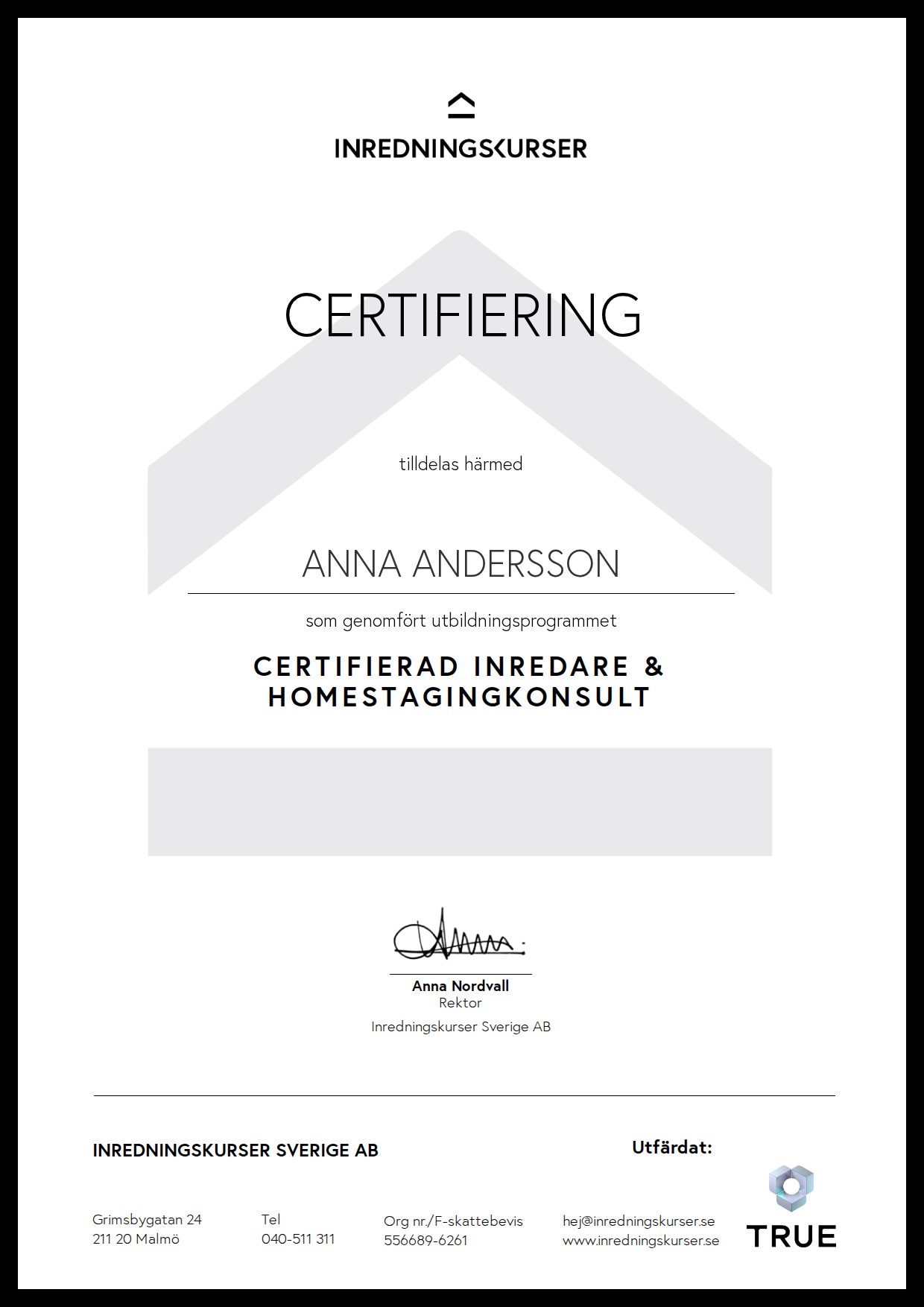 Exempel: diplom för Certifierad Inredare & Homestagingkonsult från Inredningskurser Sverige