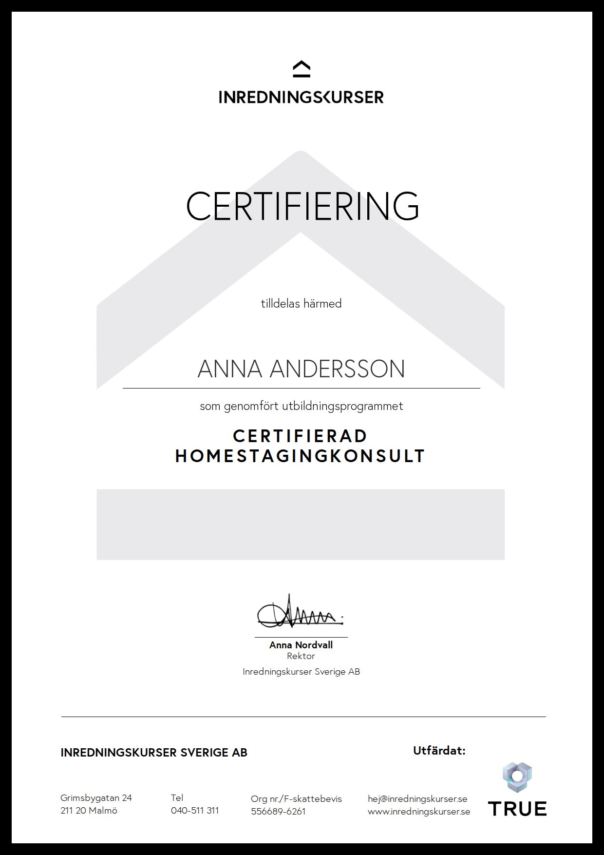 Example certificate for Certified Home Staging Consultant from Inredningskurser Sverige