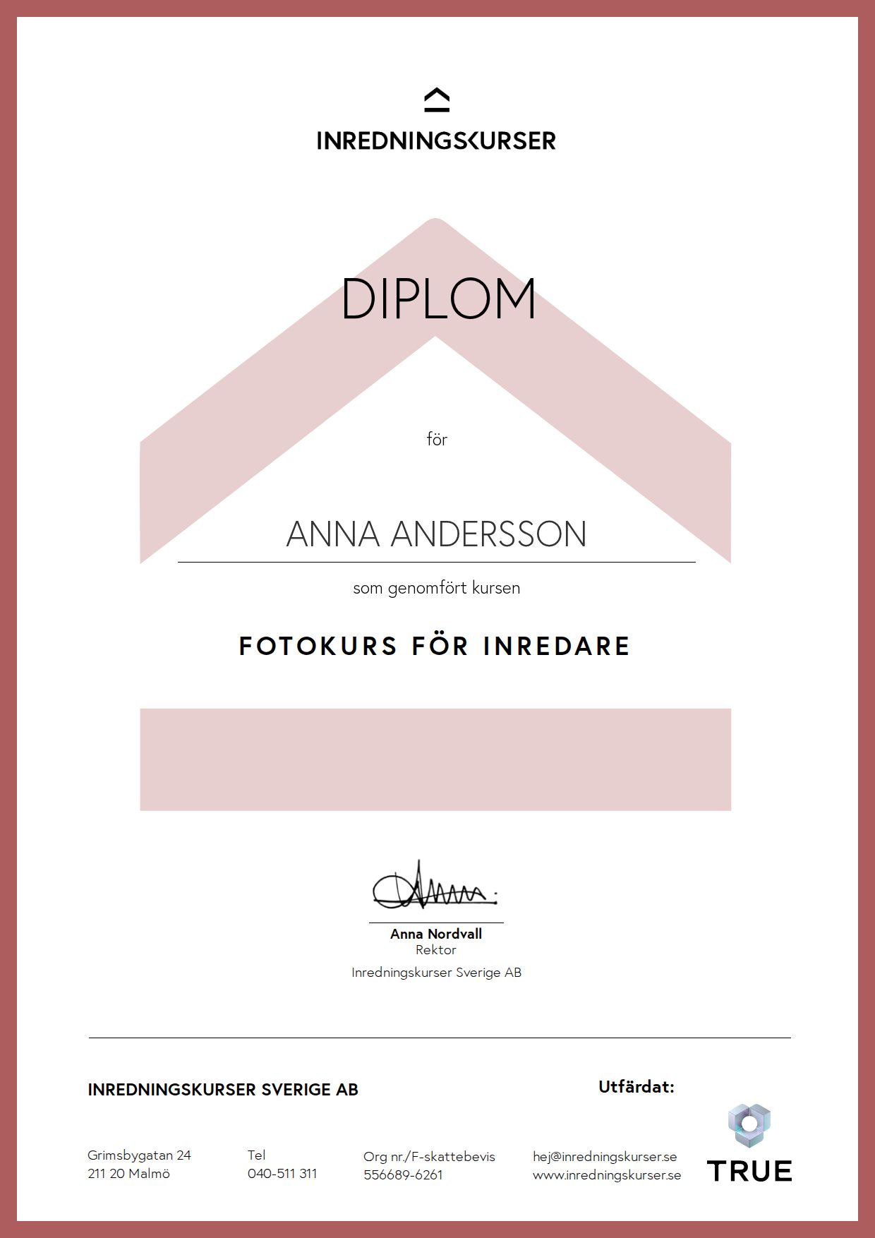 Exempel: diplom för Fotokurs för Inredare från Inredningskurser Sverige