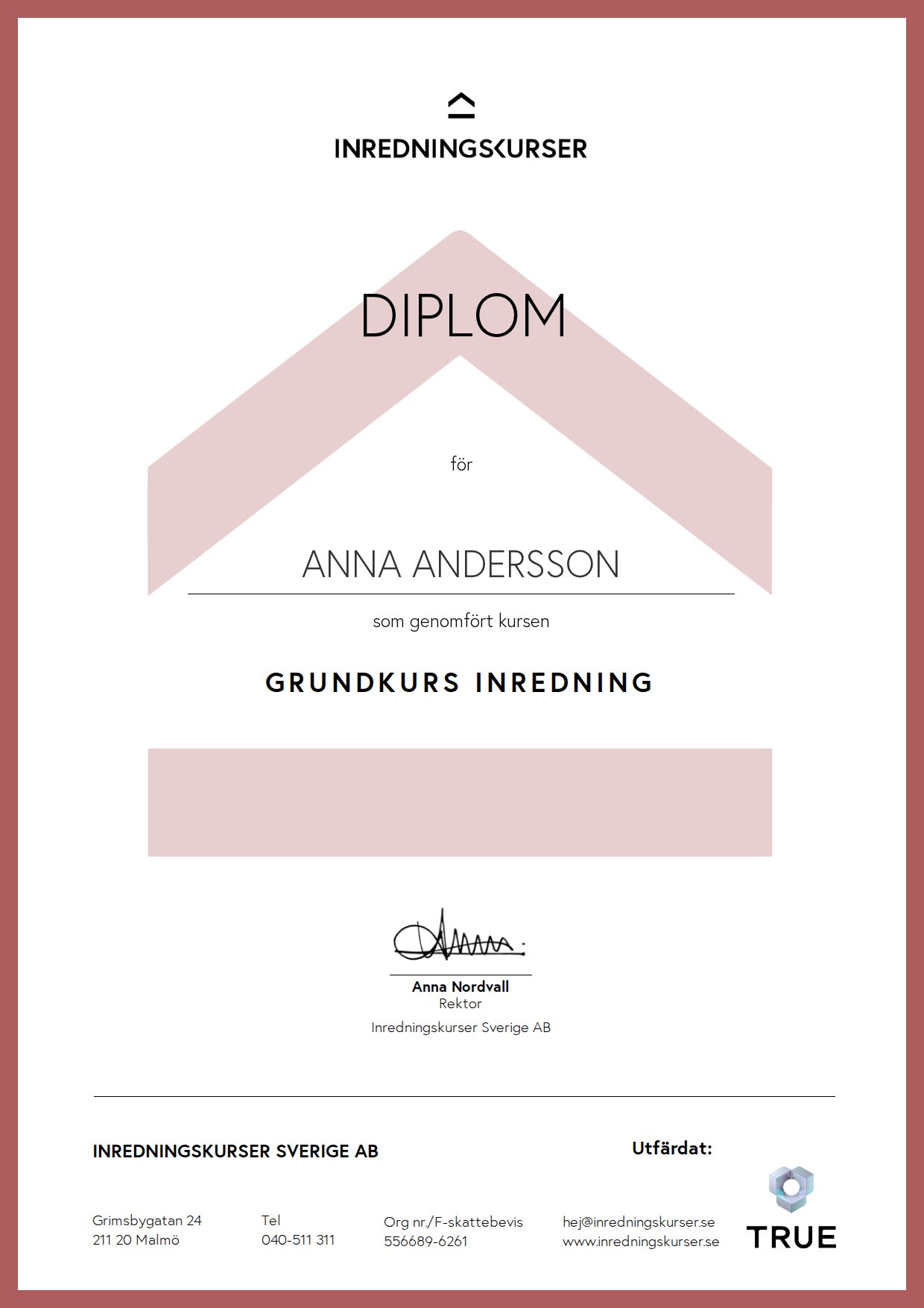Exempel: diplom för Grundkurs Inredning från Inredningskurser Sverige