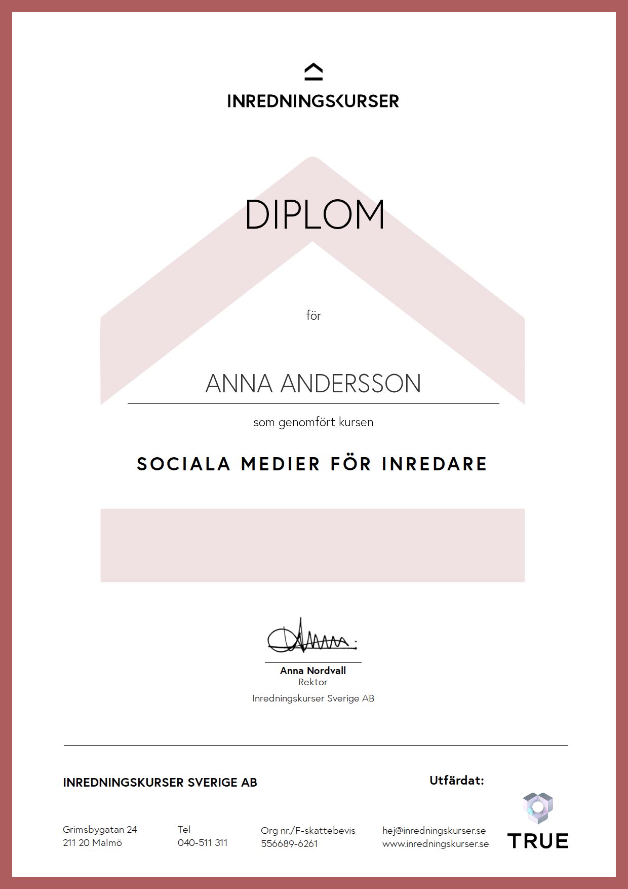 Exempel: diplom för Sociala medier för Inredare från Inredningskurser Sverige