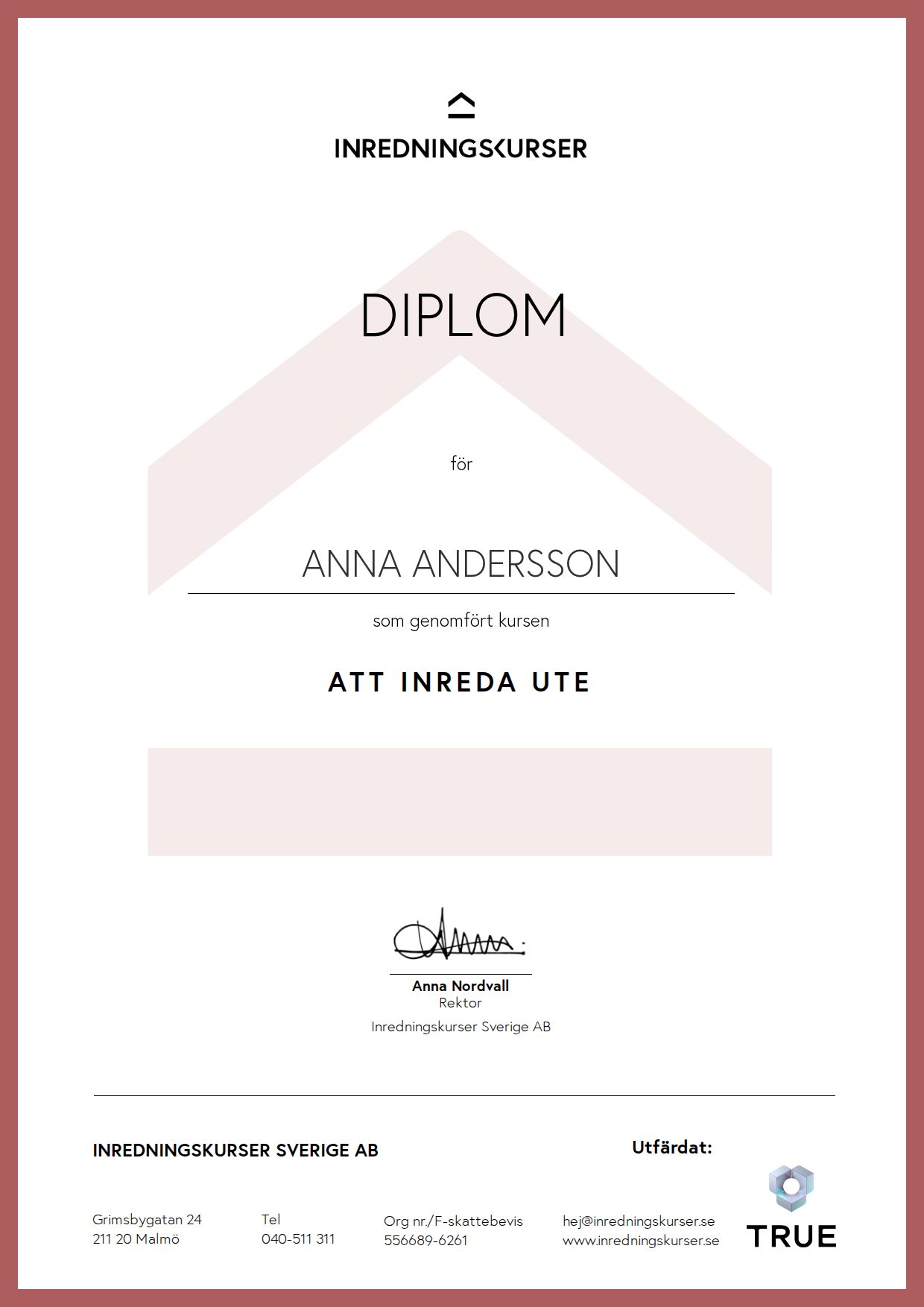 Example certificate for Decorating outdoors from Inredningskurser Sverige