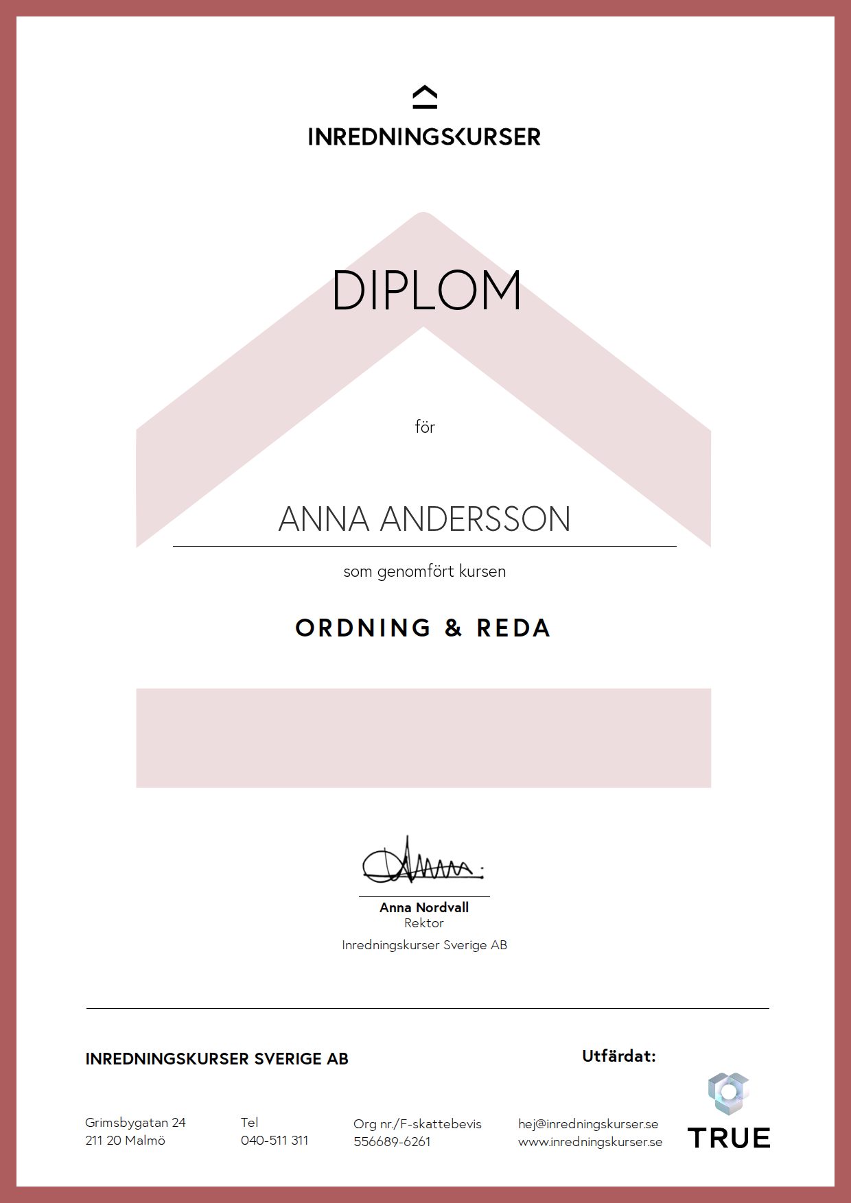 Exempel: diplom för Ordning & Reda från Inredningskurser Sverige