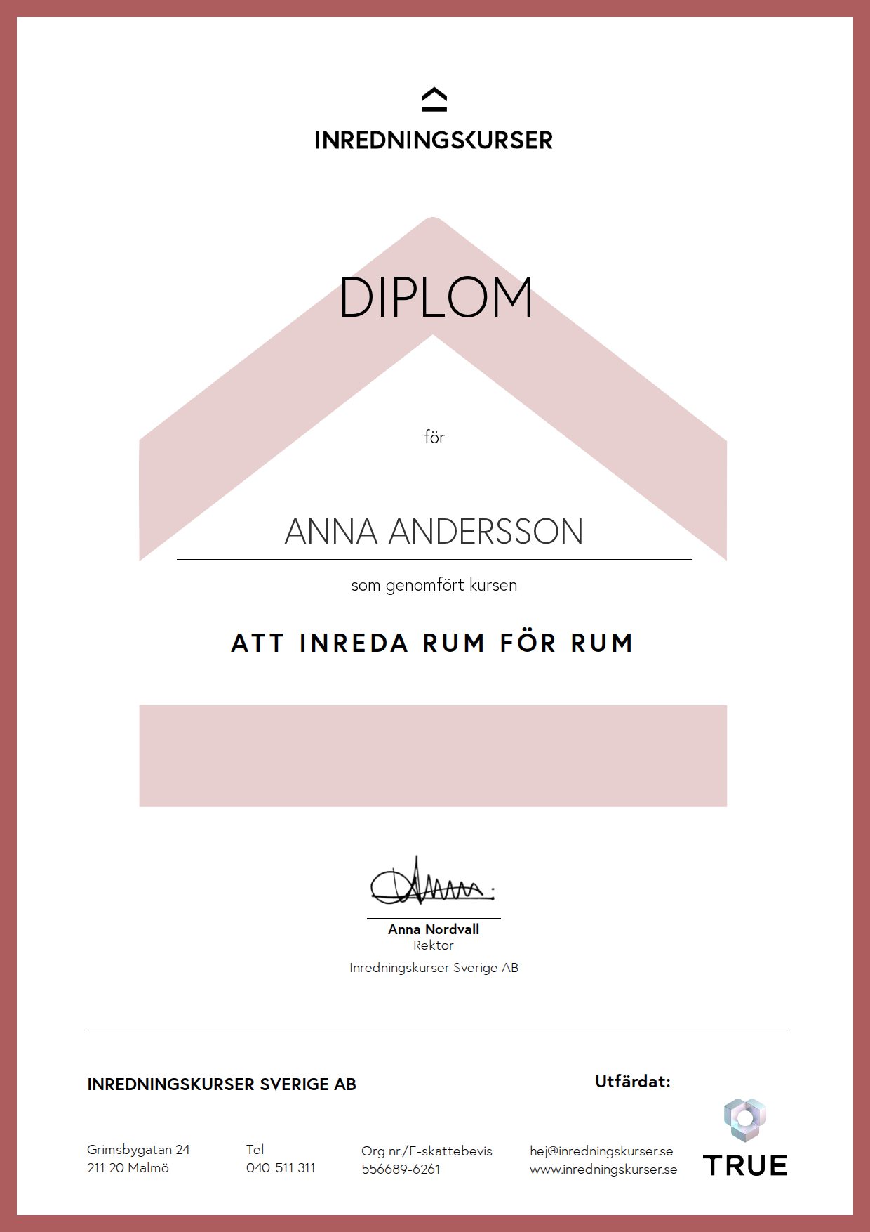 Exempel: diplom för Att inreda rum för rum från Inredningskurser Sverige